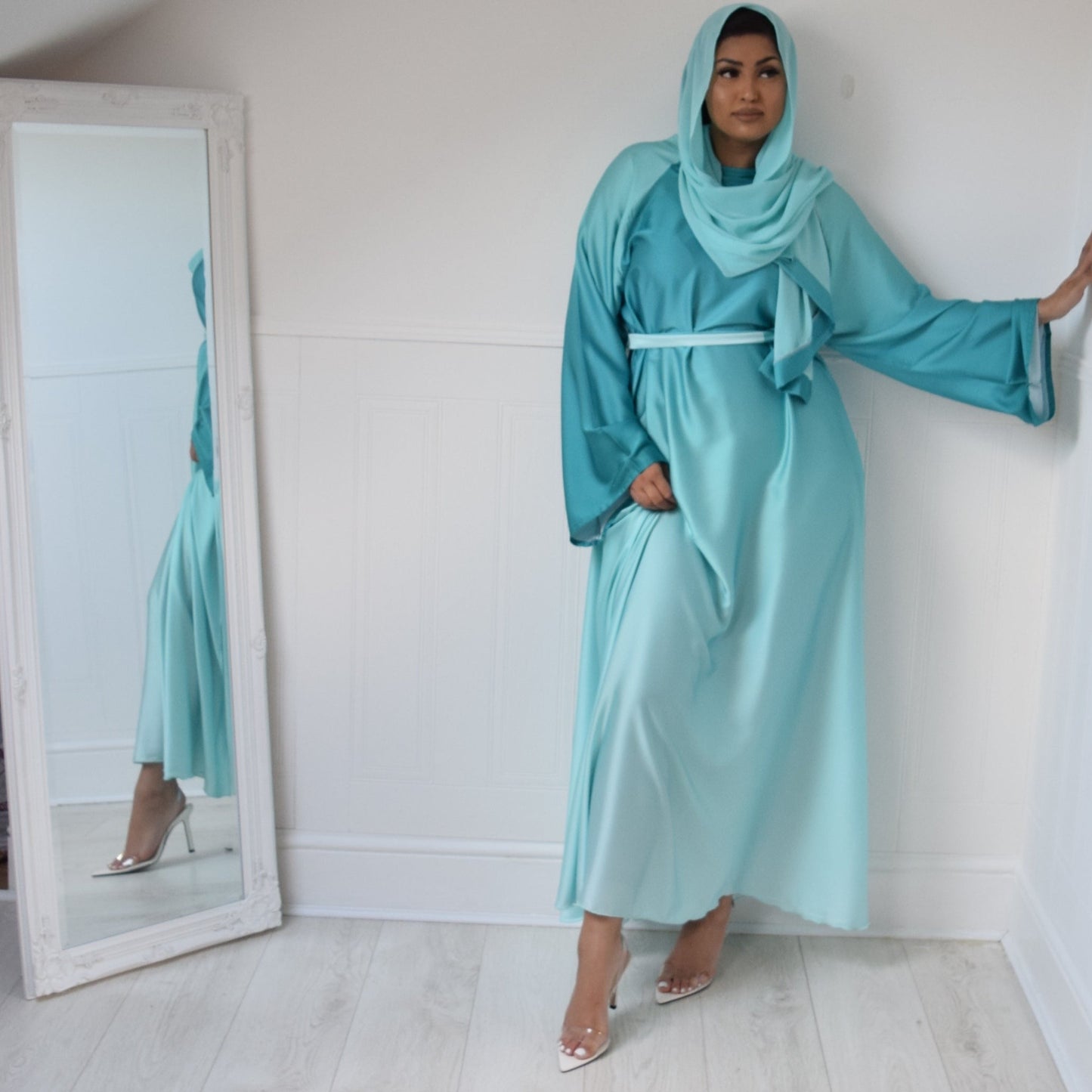 Djamila Ombre Silk Abaya Kimono Sleeve:  Sea Greens