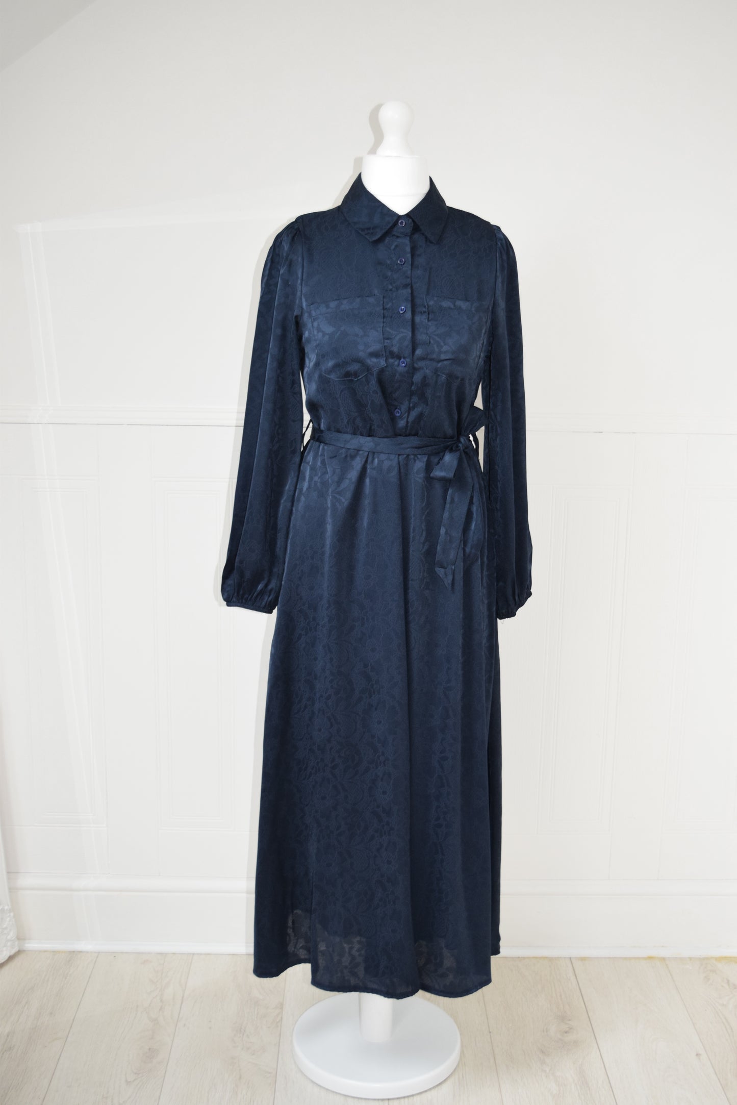 Modest Maxi A-line Jacquard semi shirt dress Navy