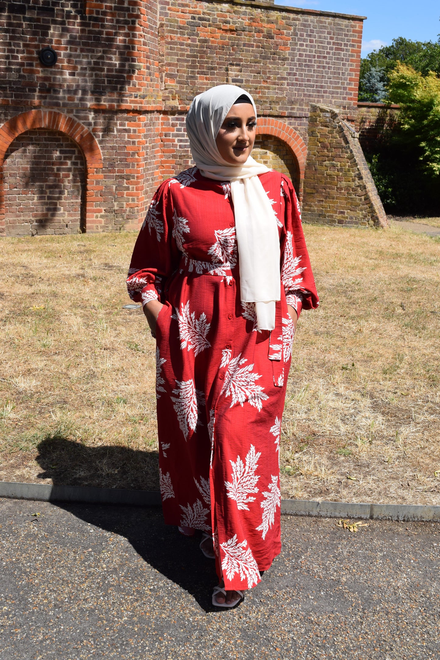 Modest Maxi shirt dress in Apple Red with white florals & Pockets