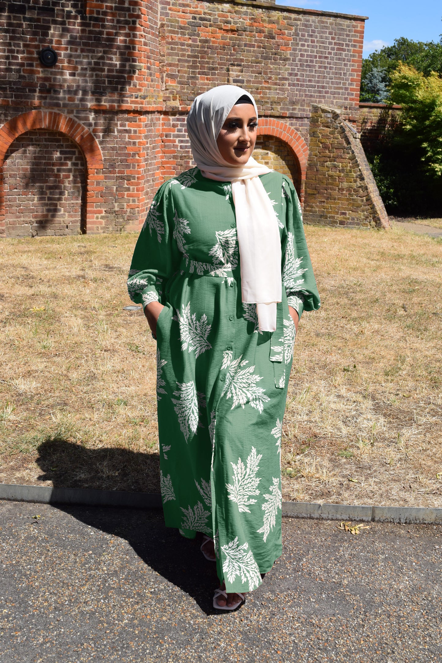 Modest Maxi shirt dress in Meadow Green with white florals & Pockets