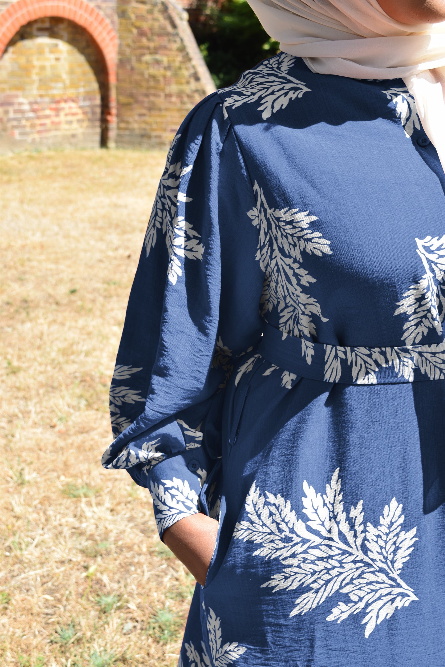 Modest Maxi shirt dress in Cornflower Blue with white florals & Pockets