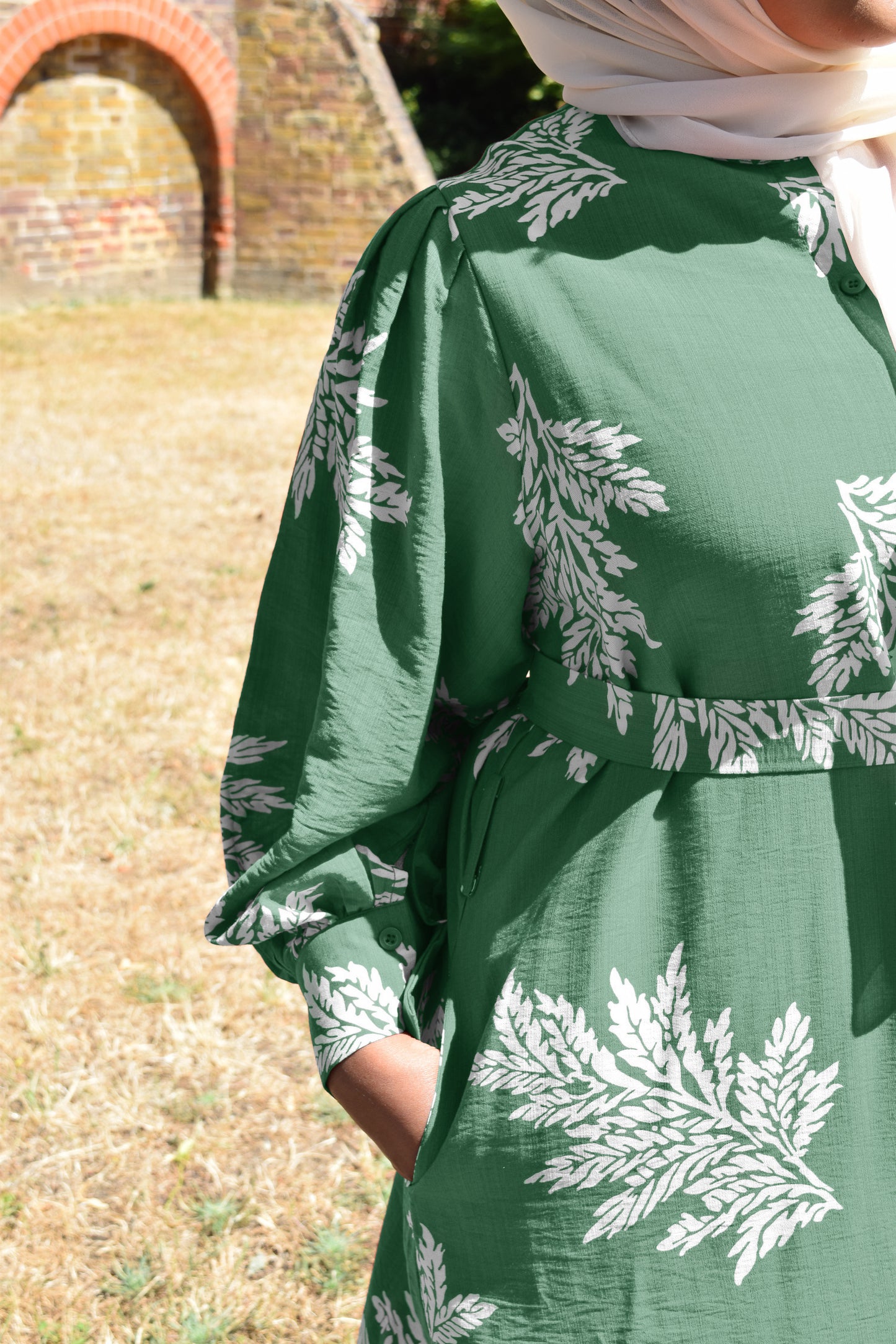 Modest Maxi shirt dress in Meadow Green with white florals & Pockets