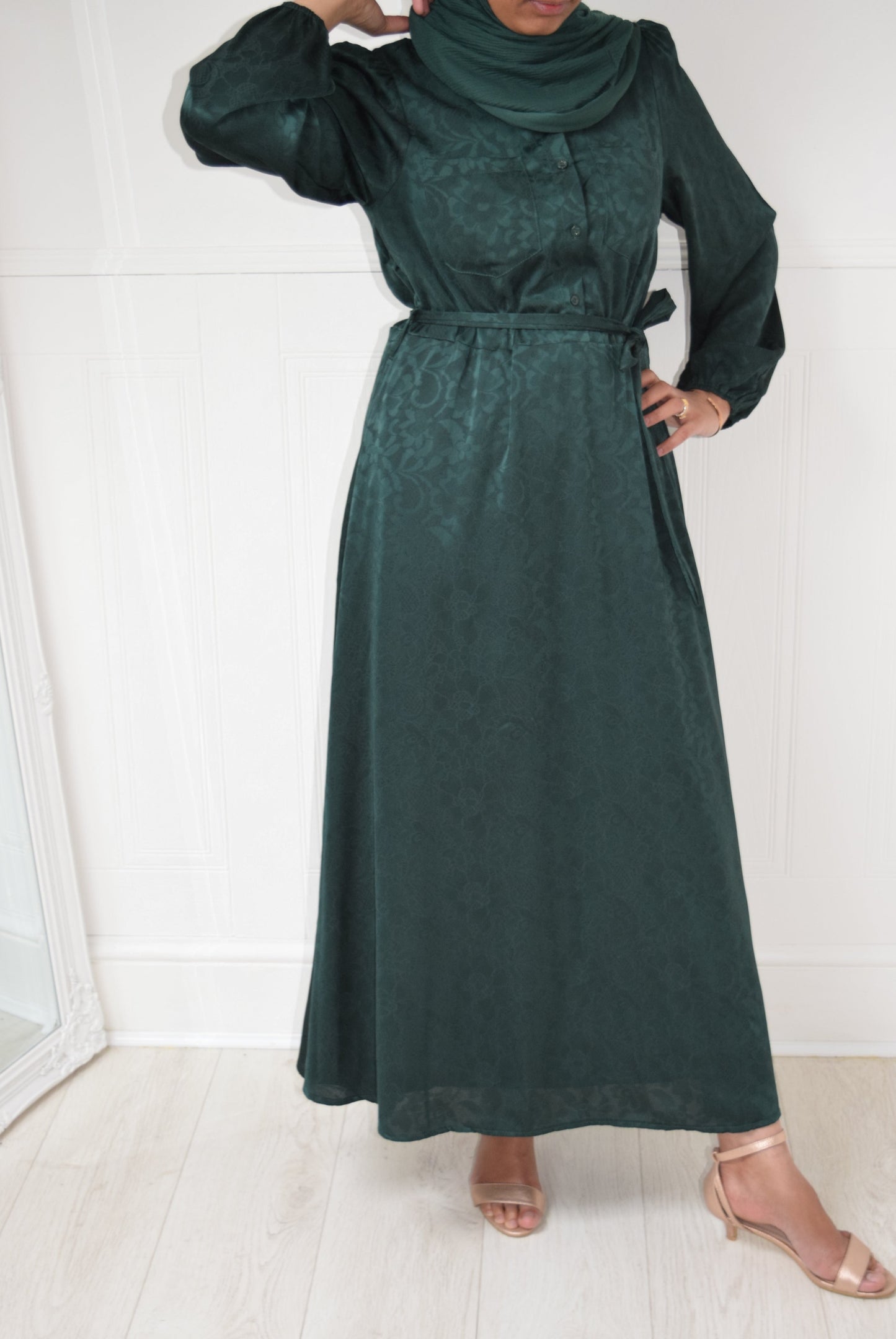 Modest Maxi A-line Jacquard semi shirt dress Forest Green