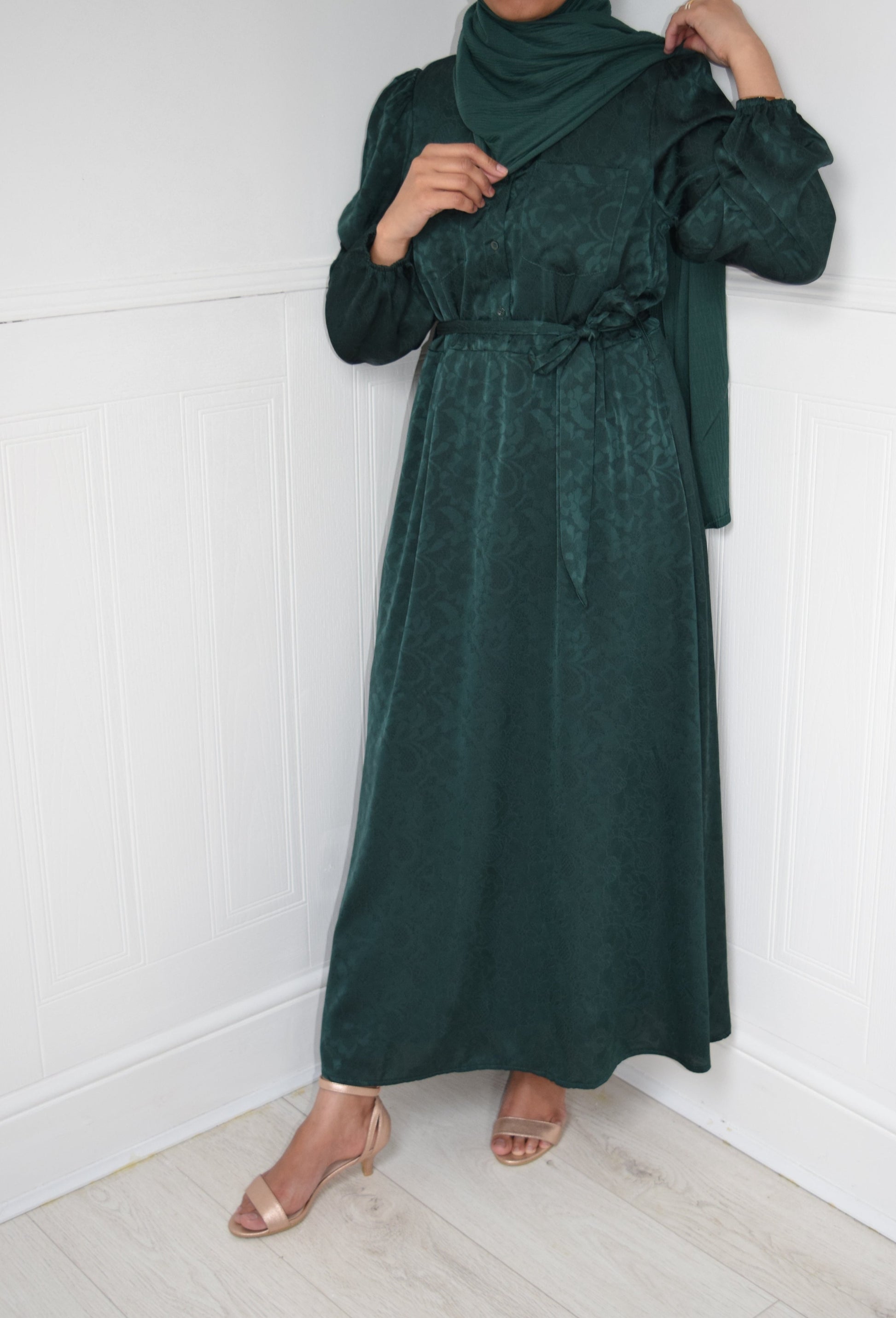 Modest Maxi A-line Jacquard semi shirt dress Forest Green Roohaya Modest Maxi A-line Jacquard semi shirt dress Forest Green Roohaya