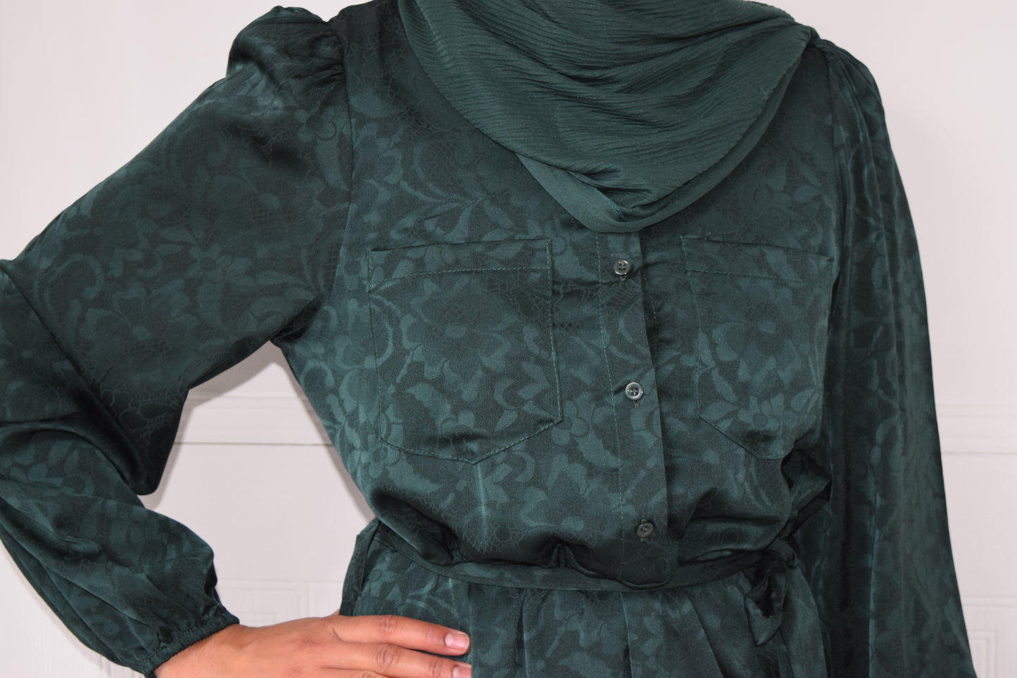 Modest Maxi A-line Jacquard semi shirt dress Forest Green