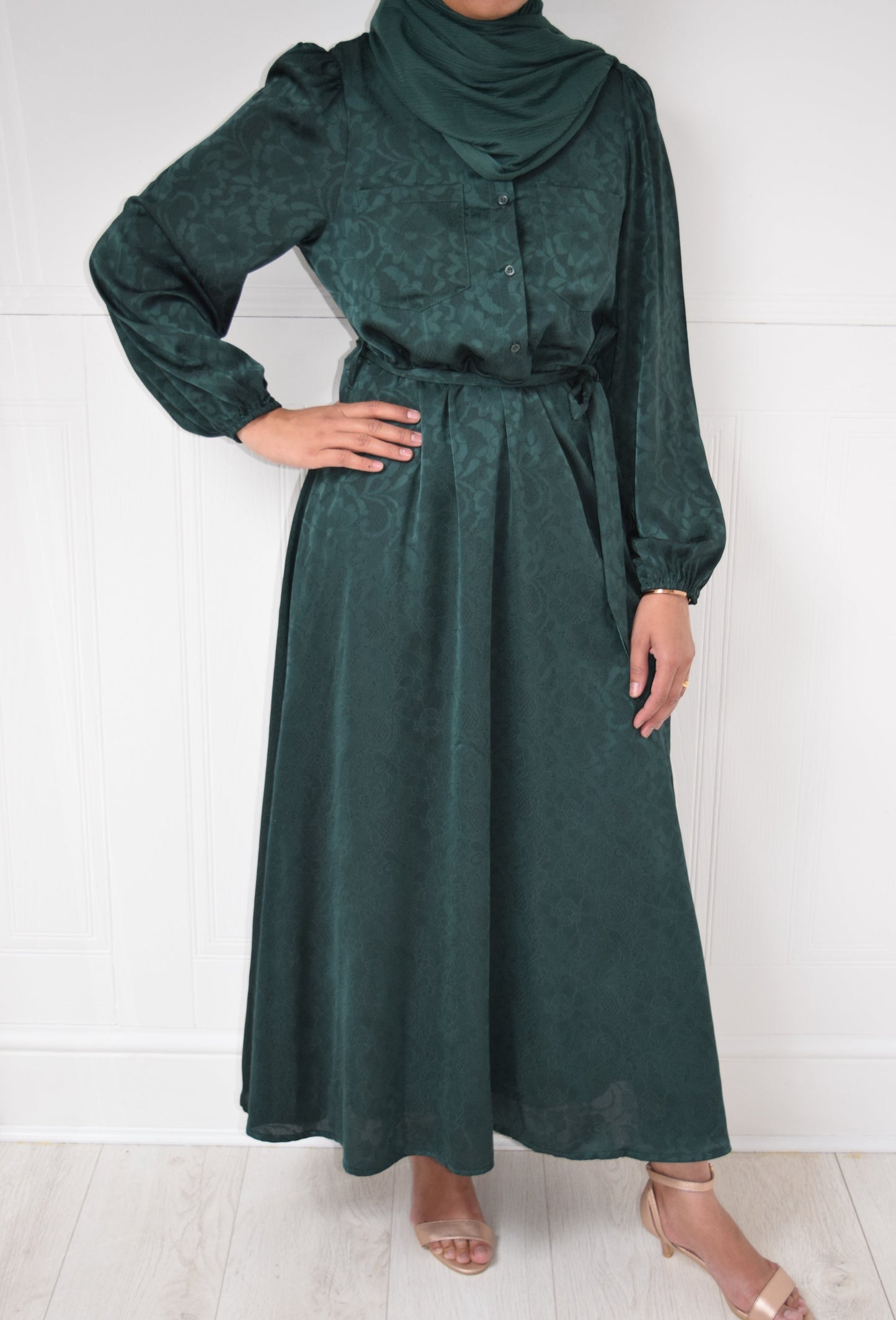 Modest Maxi A-line Jacquard semi shirt dress Forest Green