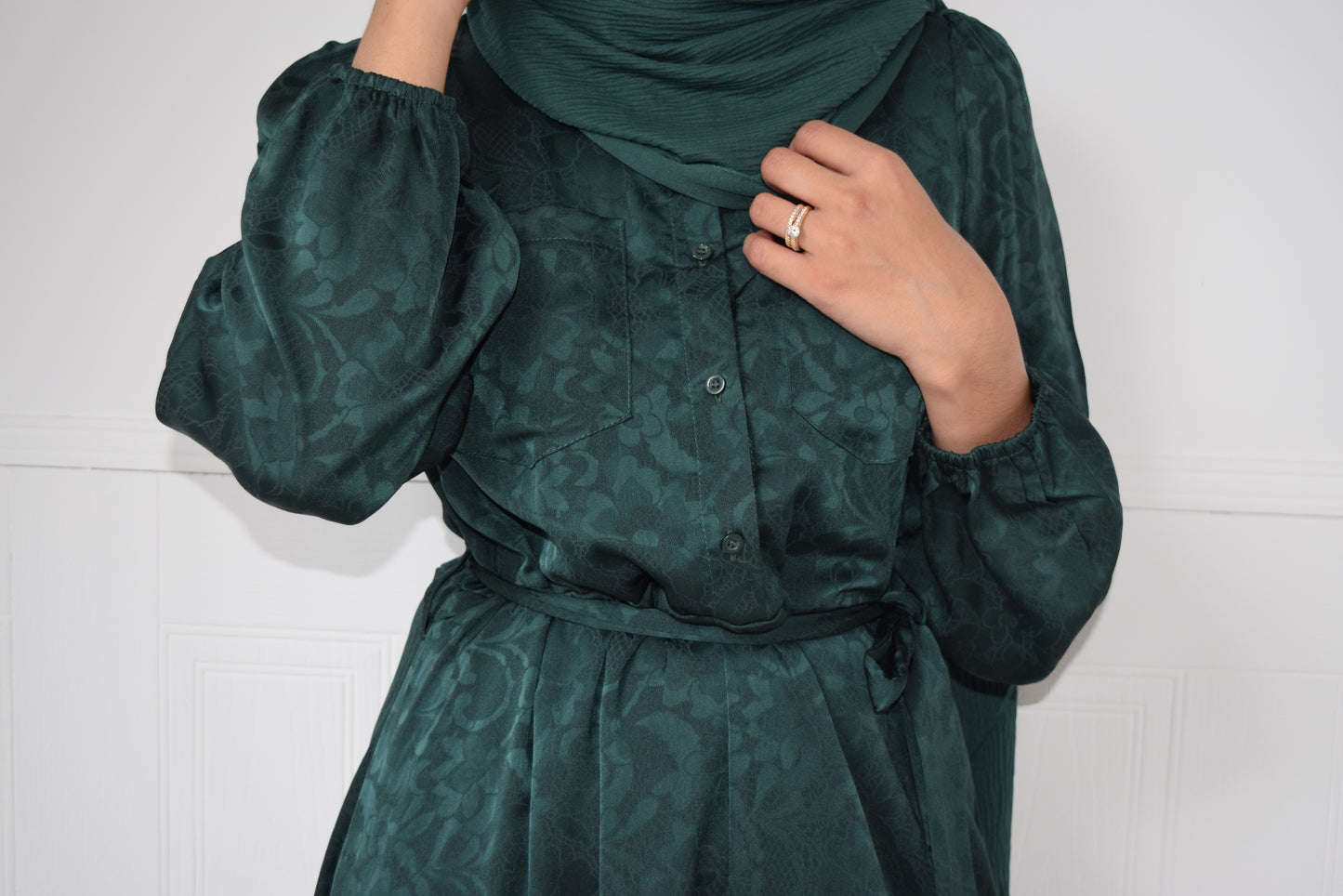 Modest Maxi A-line Jacquard semi shirt dress Forest Green