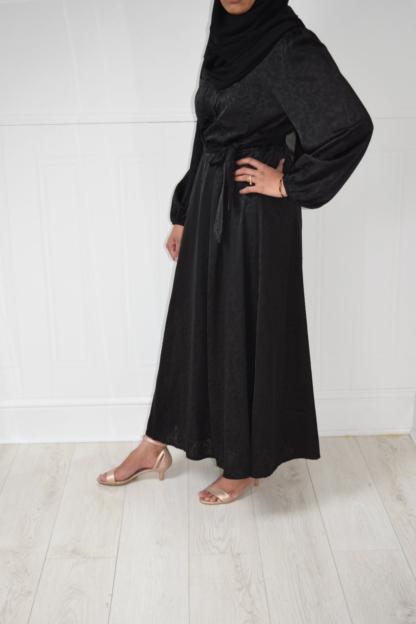 Modest Maxi A-line Jacquard semi shirt dress Black