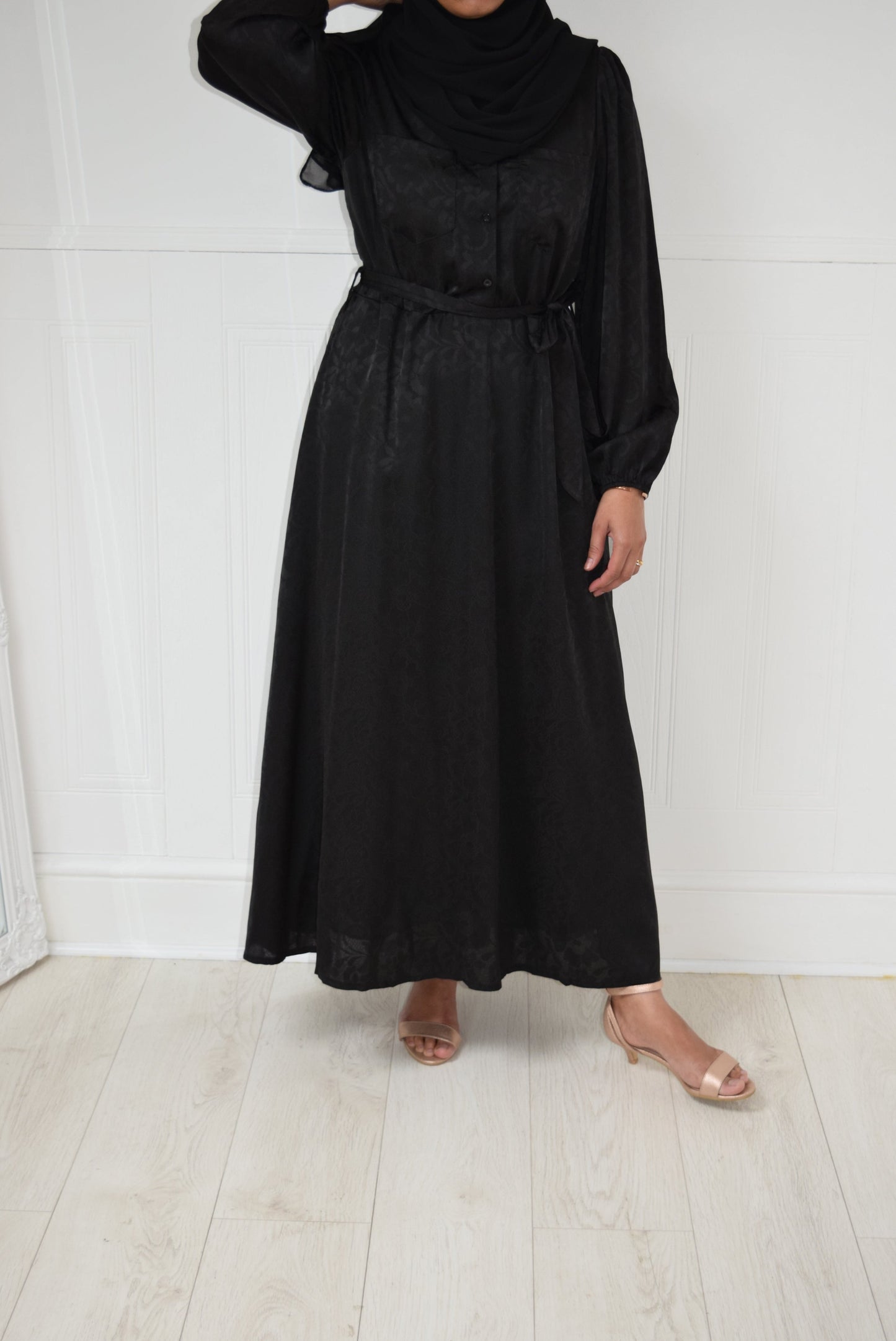 Modest Maxi A-line Jacquard semi shirt dress Black