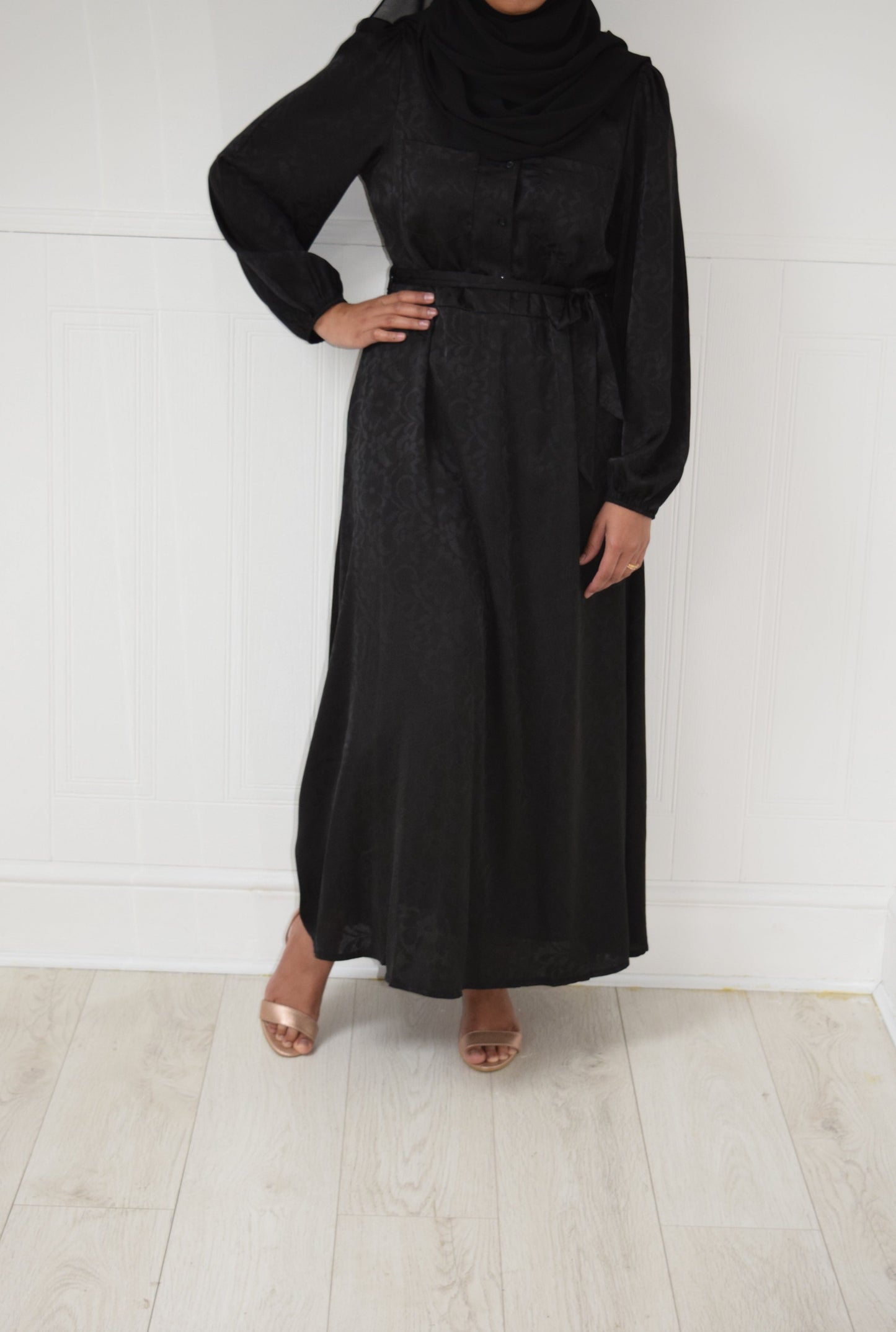 Modest Maxi A-line Jacquard semi shirt dress Black