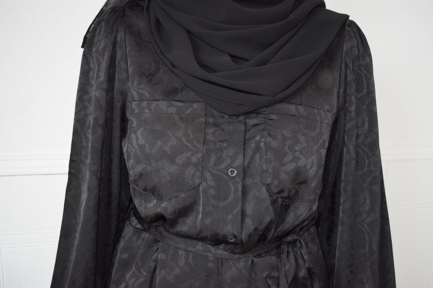 Modest Maxi A-line Jacquard semi shirt dress Black