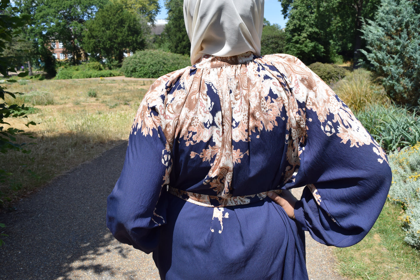 Modest Maxi shirt dress in Linen Royal Blue florals