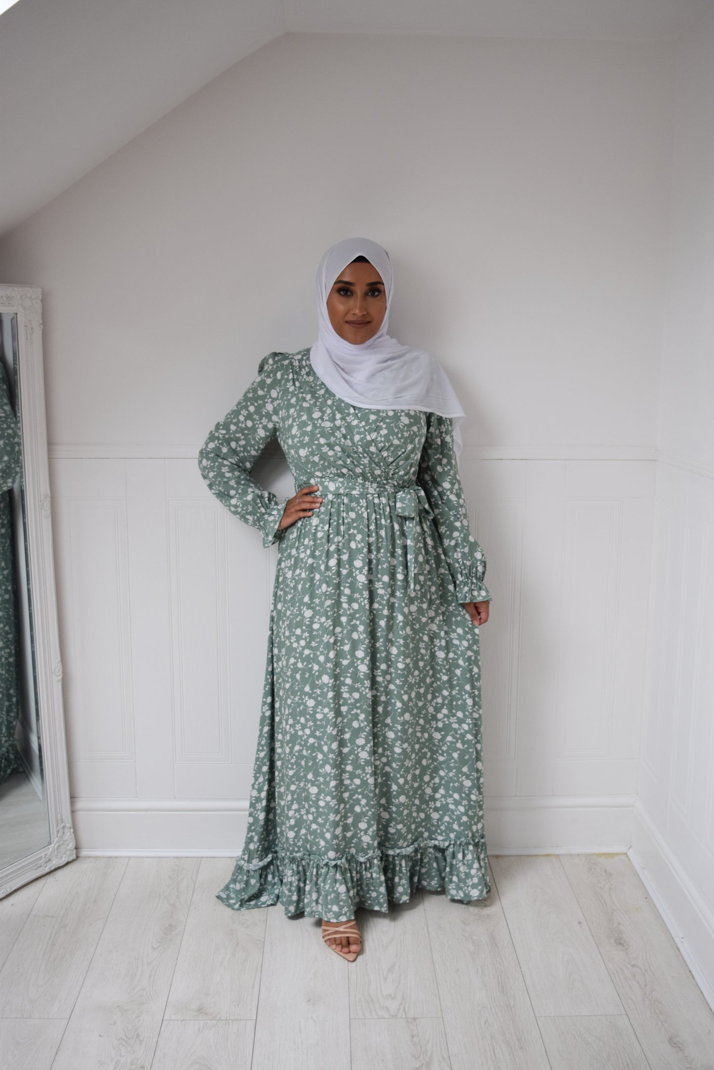 Modest Maxi floral wrap dress Pale Green  - UK sizes 10-20