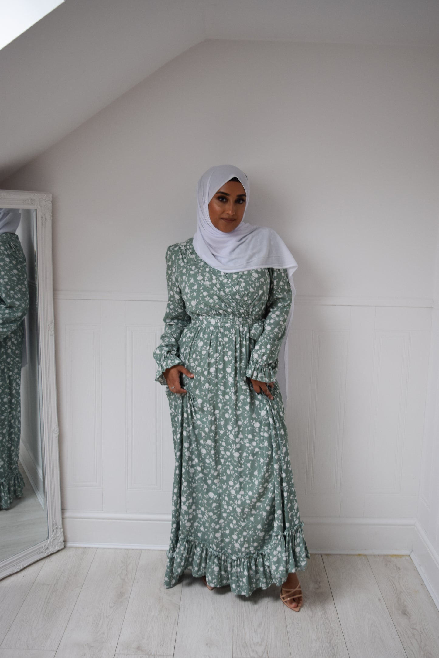 Modest Maxi floral wrap dress Pale Green  - UK sizes 10-20