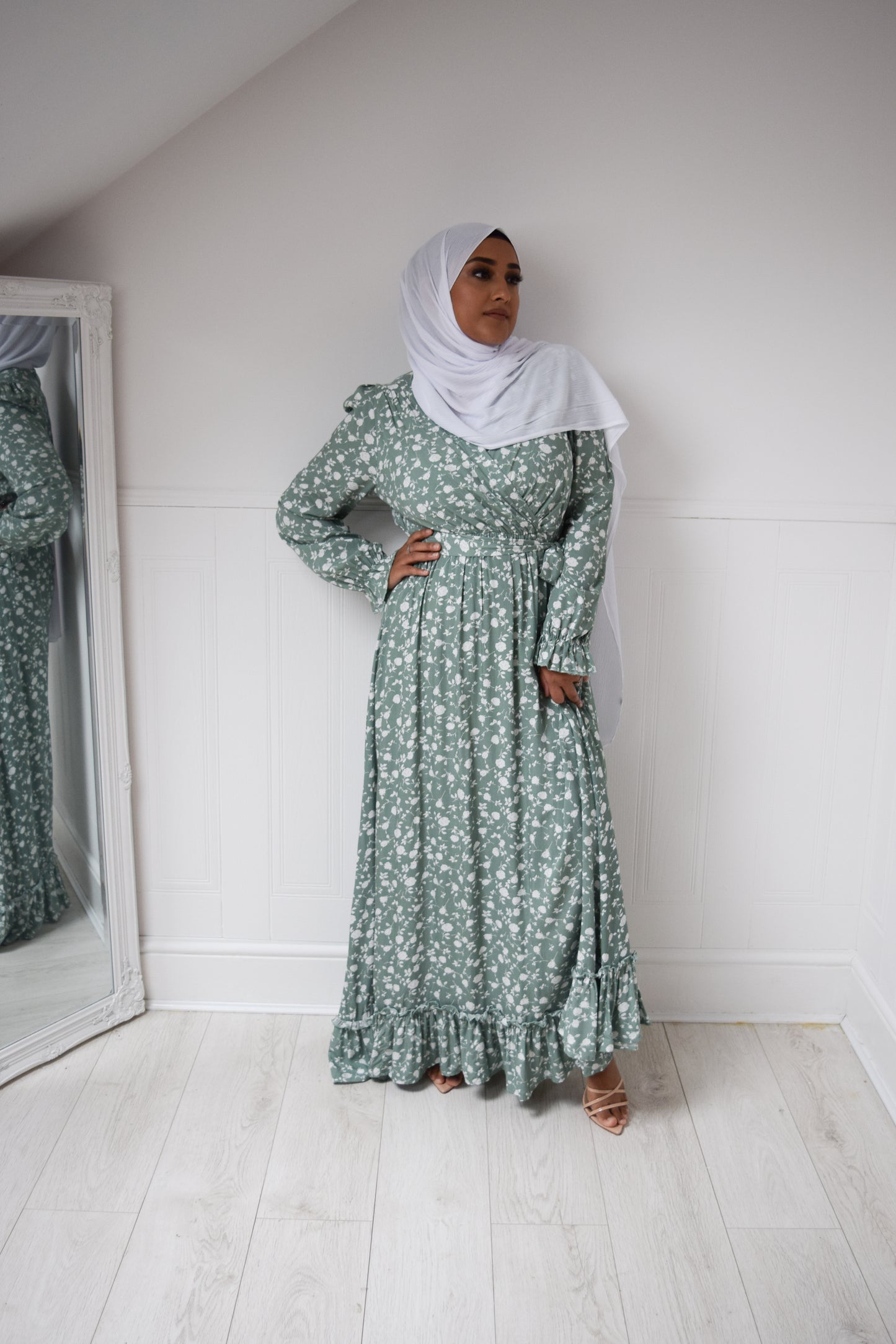 Modest Maxi floral wrap dress Pale Green  - UK sizes 10-20