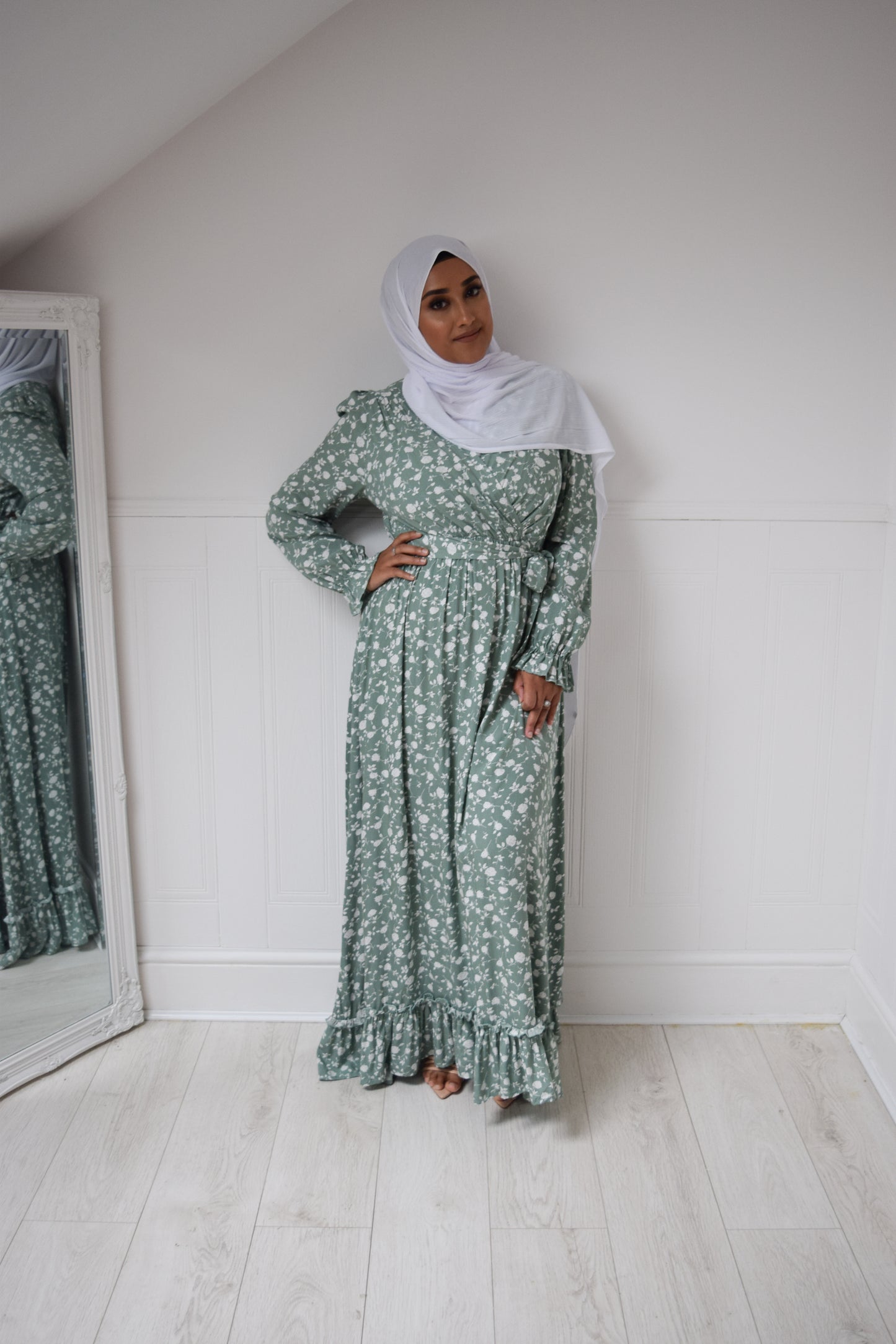 Modest Maxi floral wrap dress Pale Green  - UK sizes 10-20