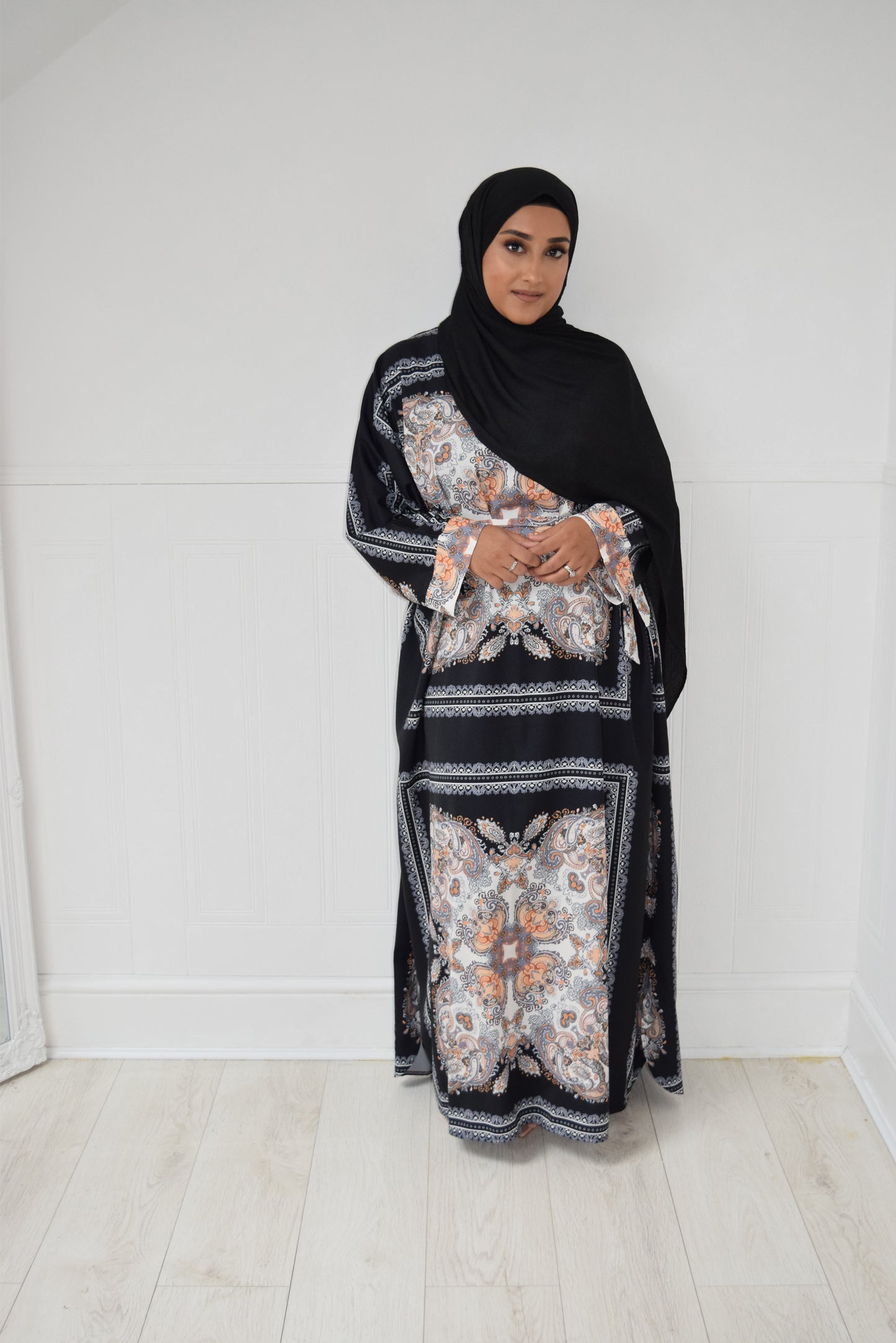 Modest Maxi Katan Batwing Paisley dress in Black