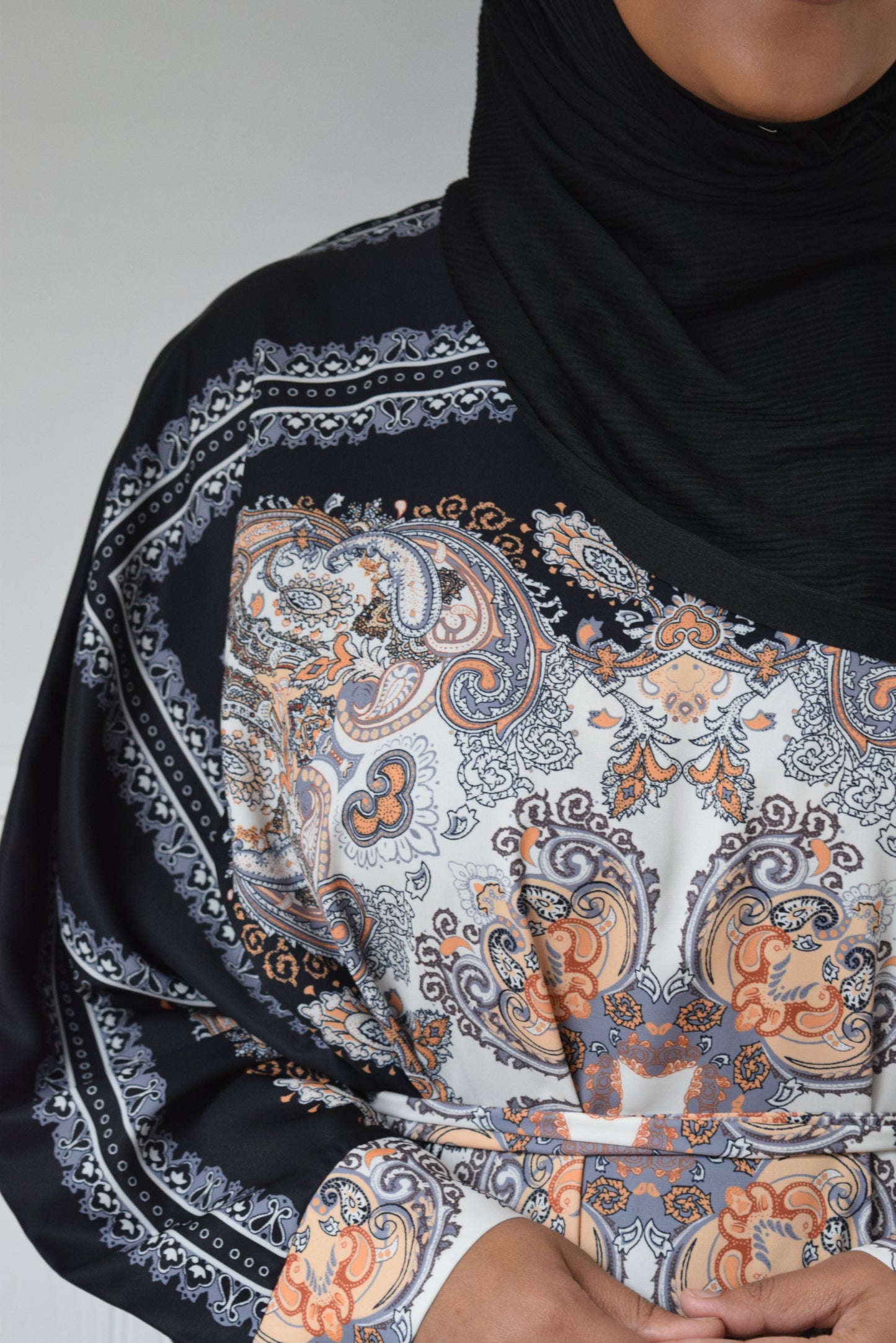 Modest Maxi Katan Batwing Paisley dress in Black