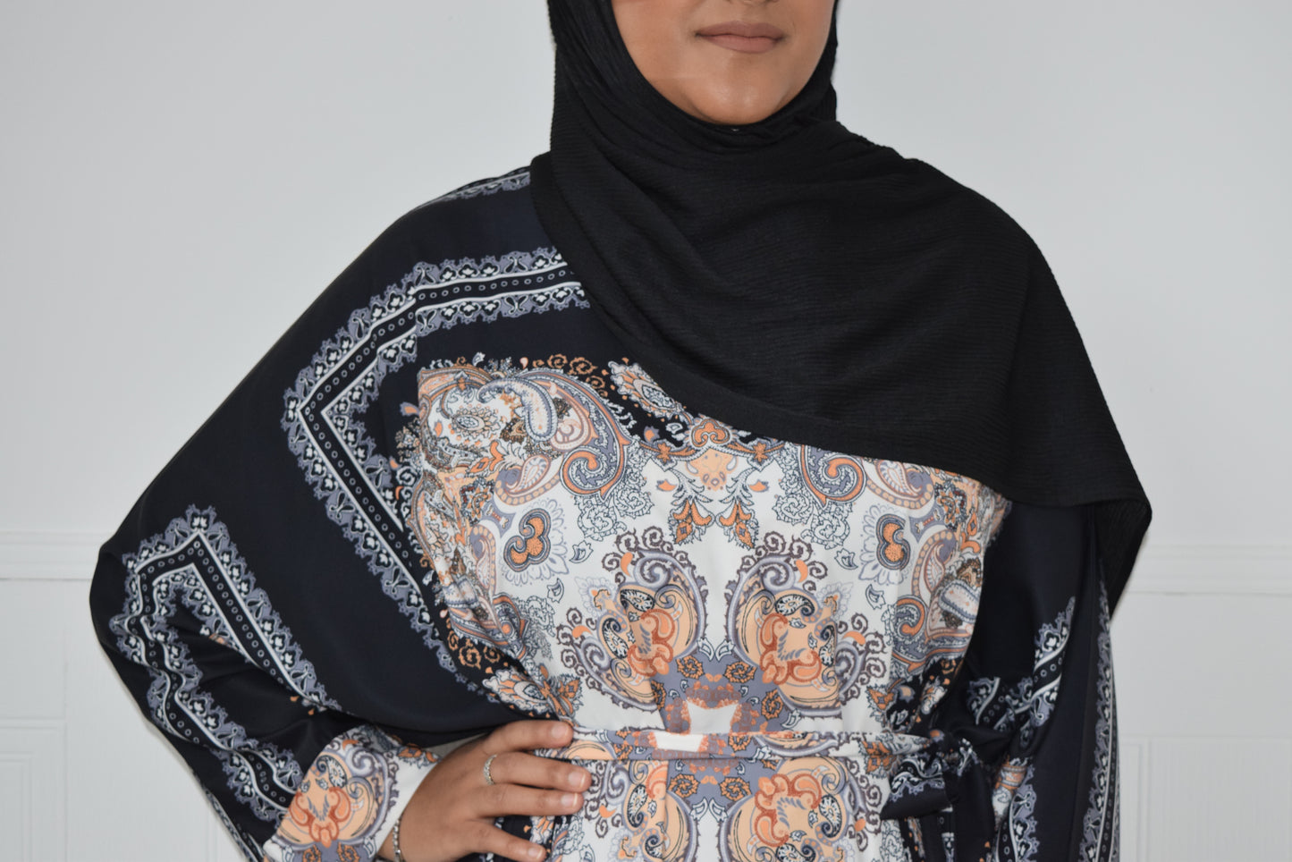 Modest Maxi Katan Batwing Paisley dress in Black