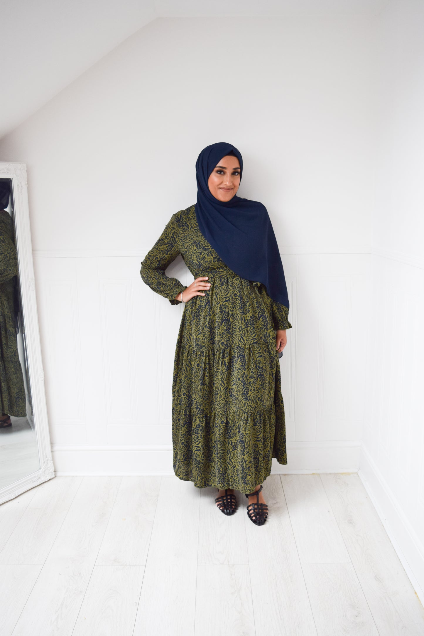 Modest Maxi Tiered Aline wrap Olive Navy Dress