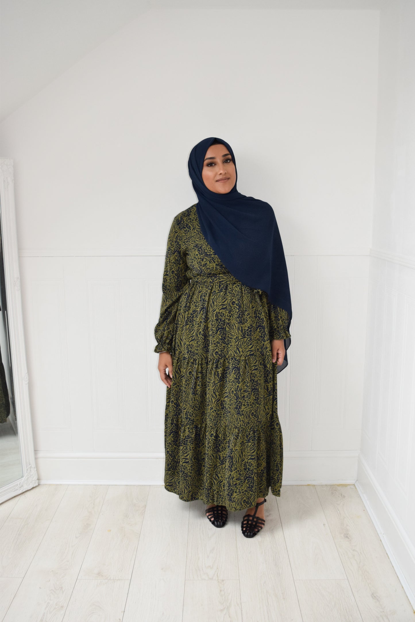 Modest Maxi Tiered Aline wrap Olive Navy Dress