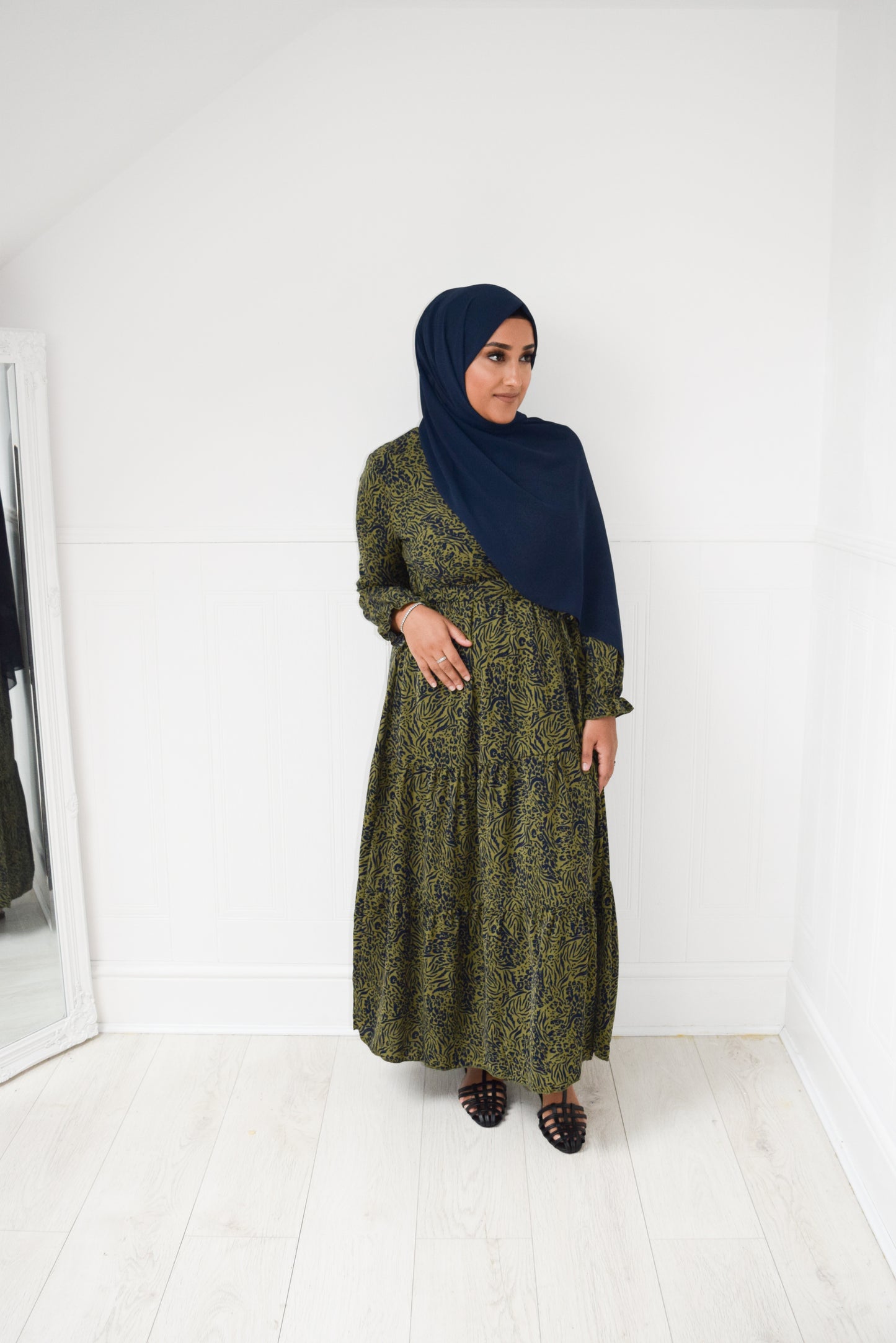 Modest Maxi Tiered Aline wrap Olive Navy Dress