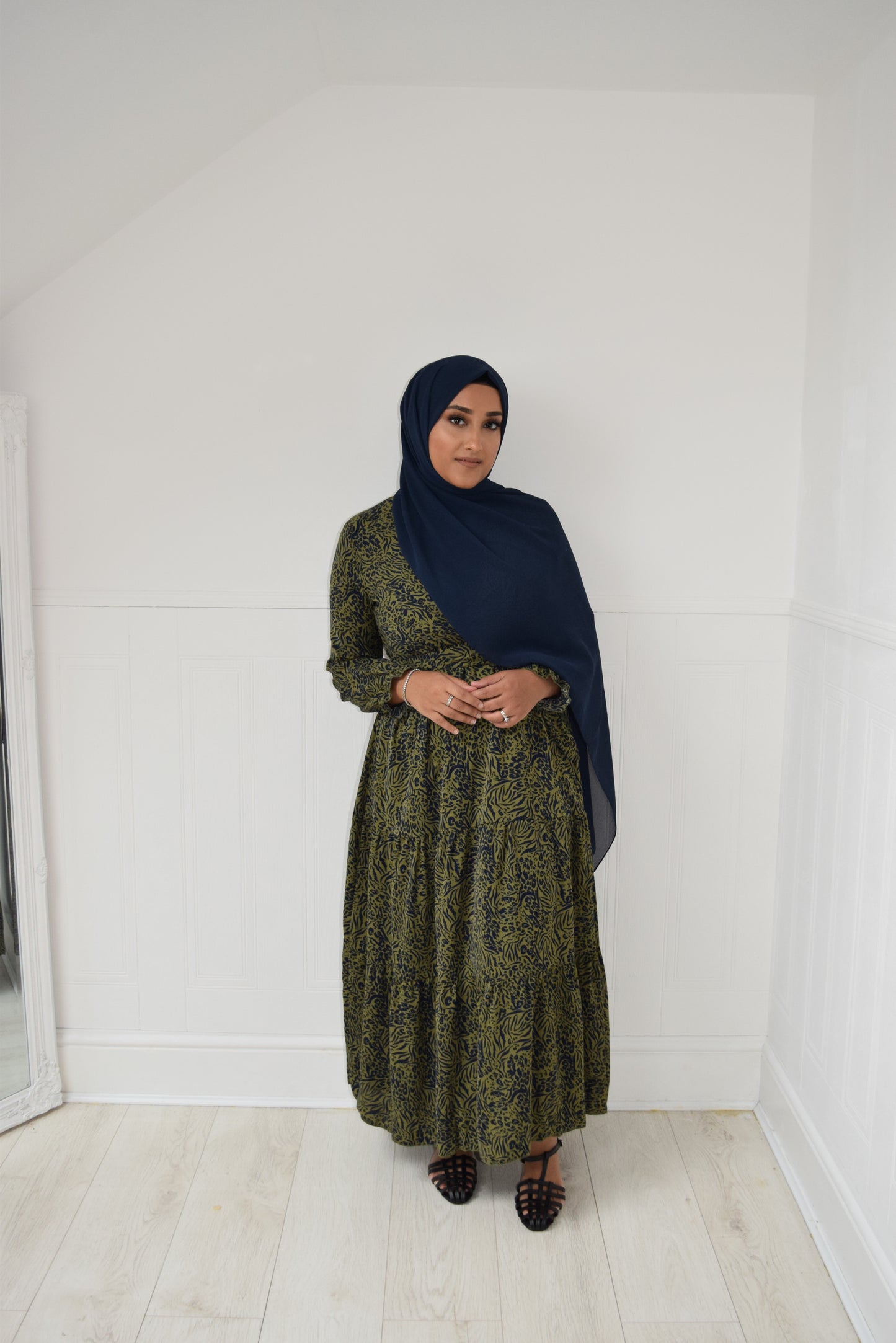 Modest Maxi Tiered Aline wrap Olive Navy Dress