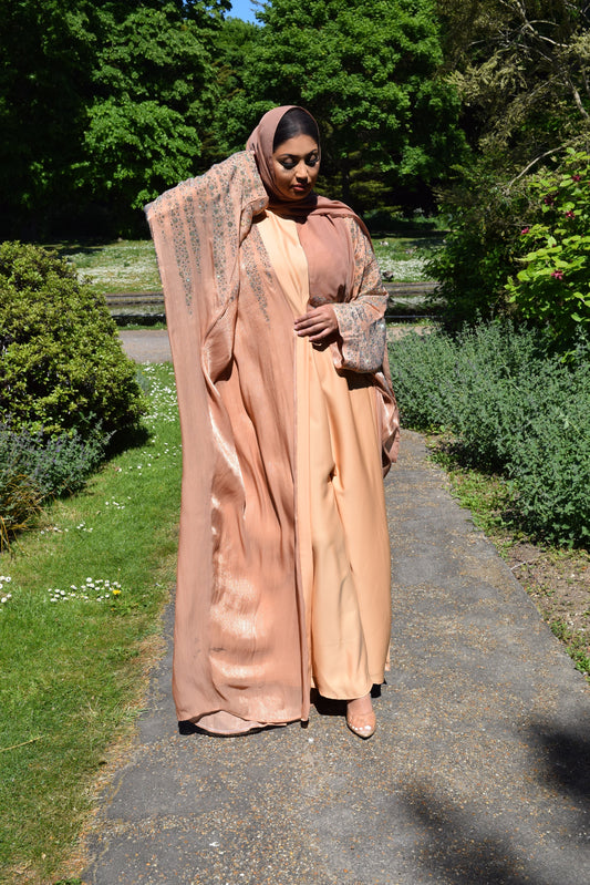 Ladan Stone embellished Organza Farasha Open Jacket with Inner Abaya in Cinnamon