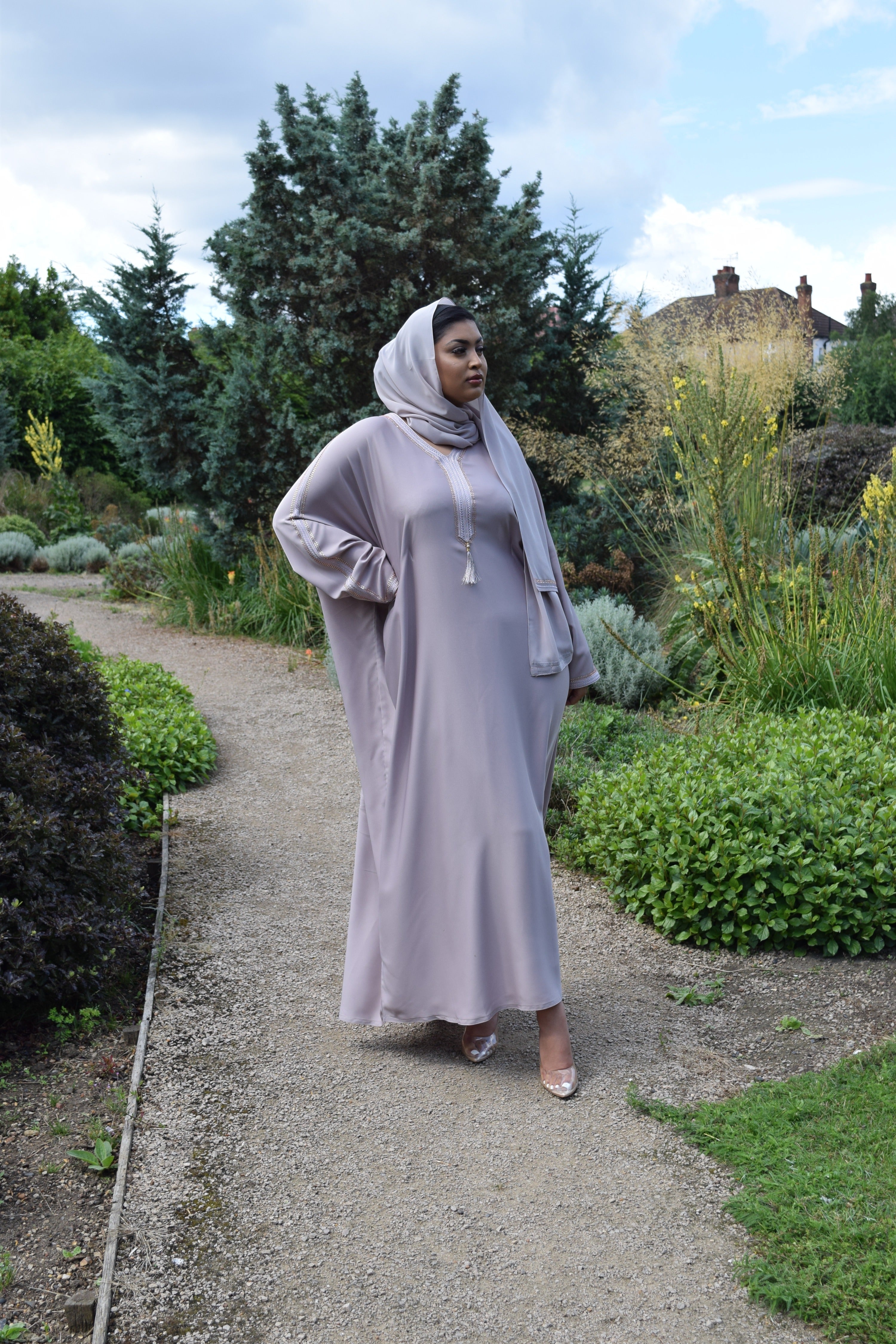 Hayat Modest Batwing Abaya in Latte Trim Roohaya