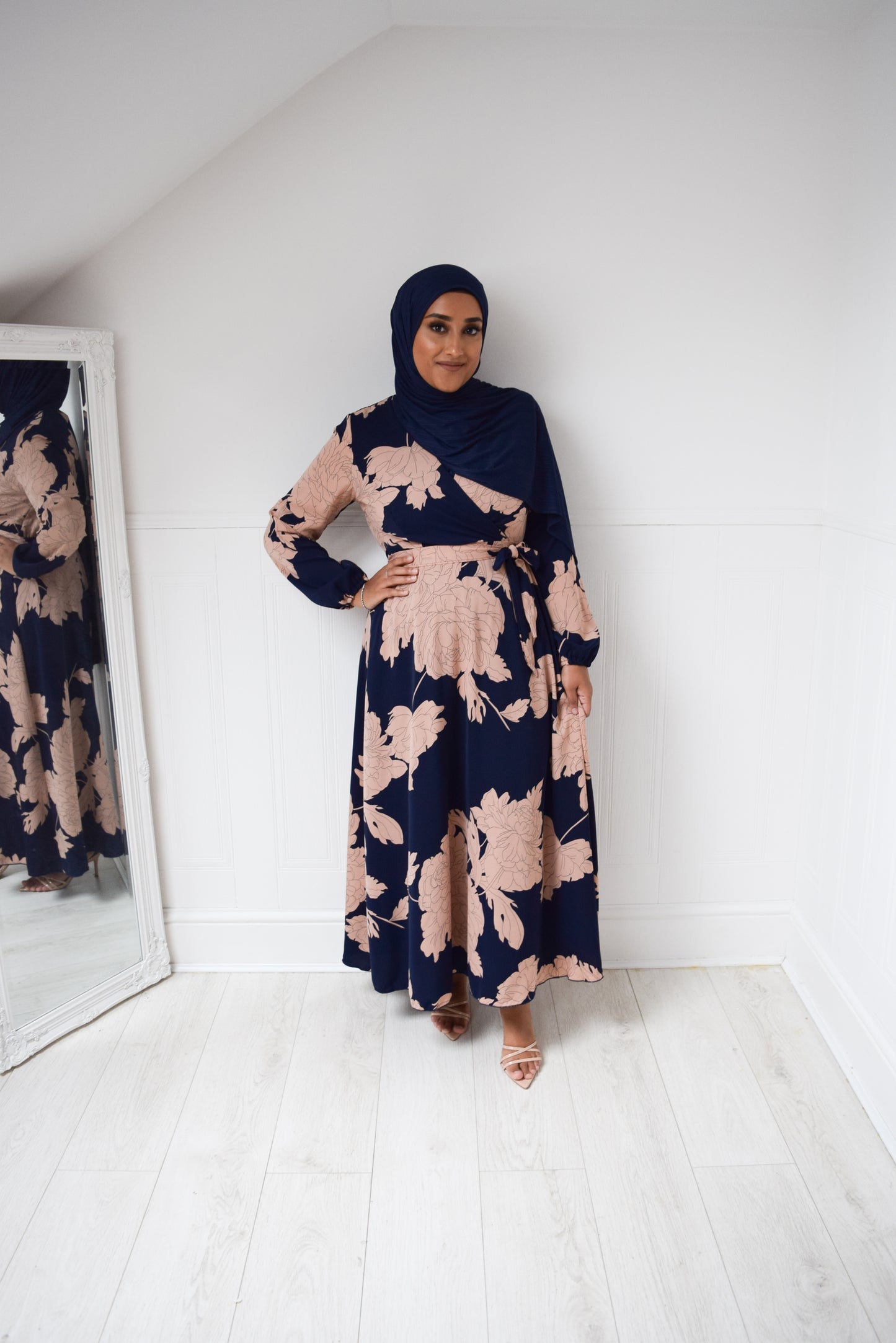 Modest Maxi Dress Aline wrap Navy Pink