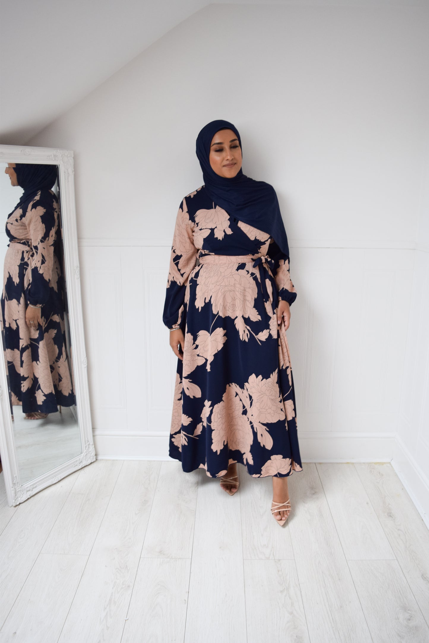 Modest Maxi Dress Aline wrap Navy Pink