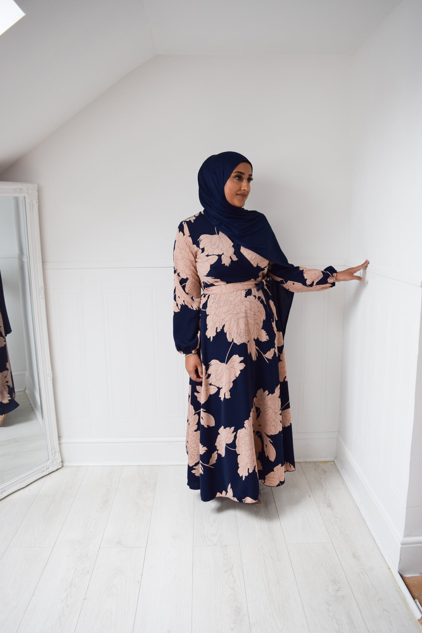 Modest Maxi Dress Aline wrap Navy Pink