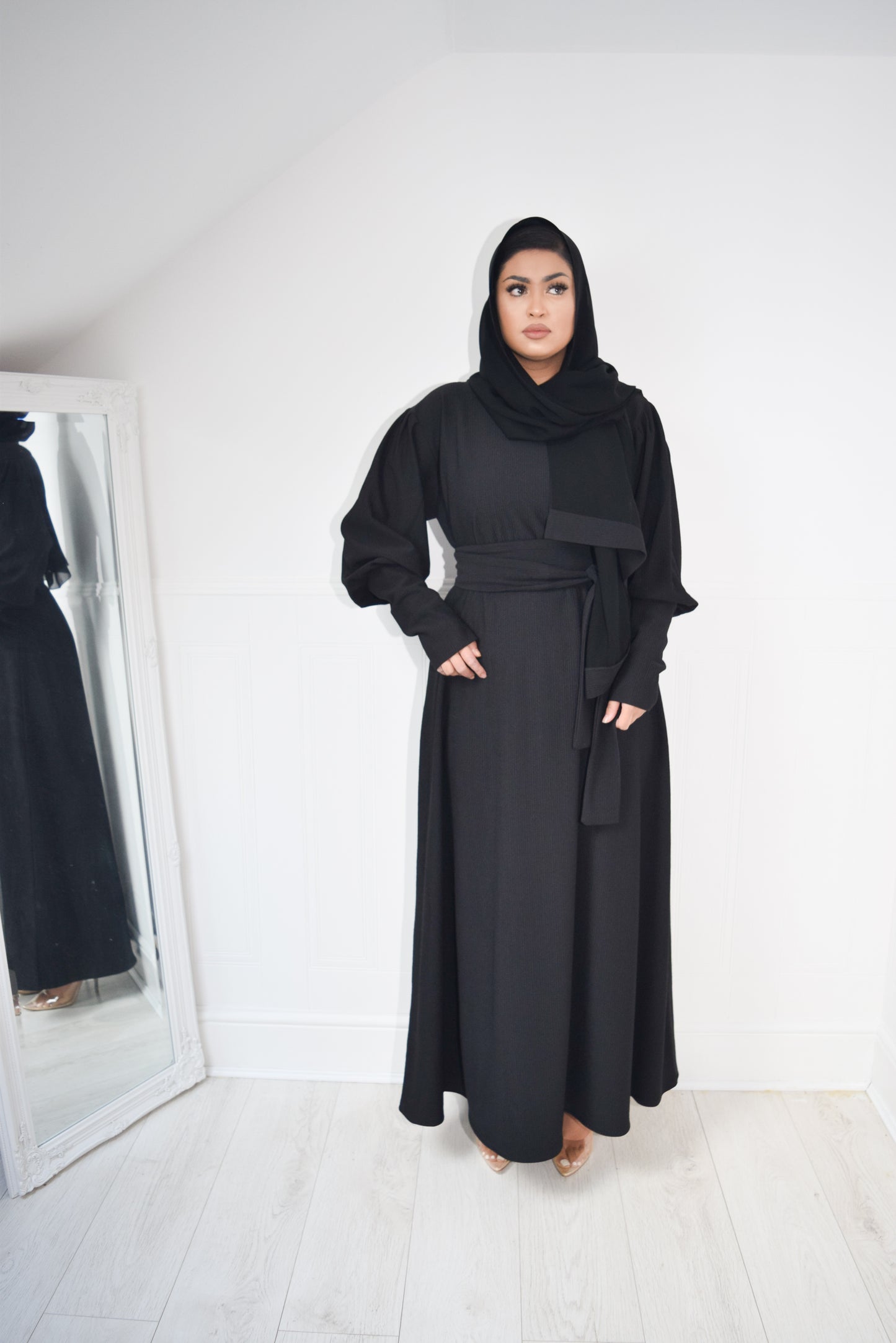 Ava Puff Sleeve textured Knit Abaya Dress in Black Roohaya Ava Puff Sleeve textured Knit Abaya Dress in Black Roohaya