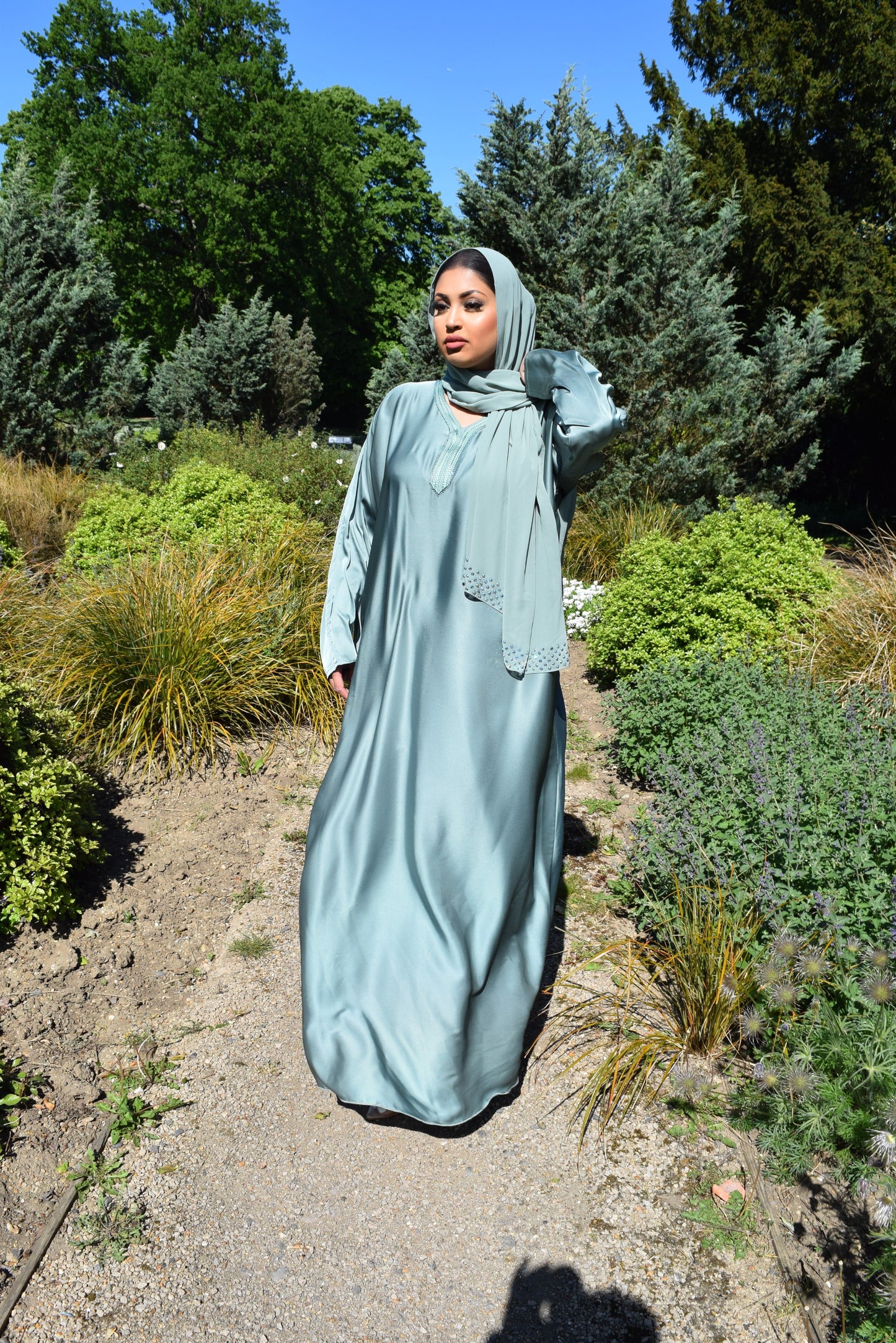 Embellished Premium Chiffon cape Abaya with a Satin inner Aqua Green