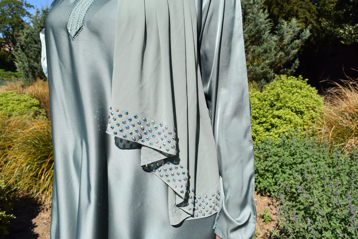 Embellished Premium Chiffon cape Abaya with a Satin inner Aqua Green