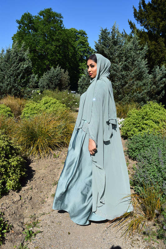 Embellished Premium Chiffon cape Abaya with a Satin inner Aqua Green