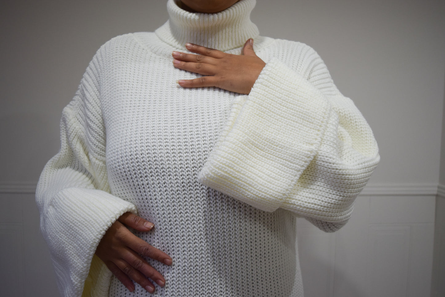 Turtle neck chunky Knitted Kimono sleeved slit dress Ecru White