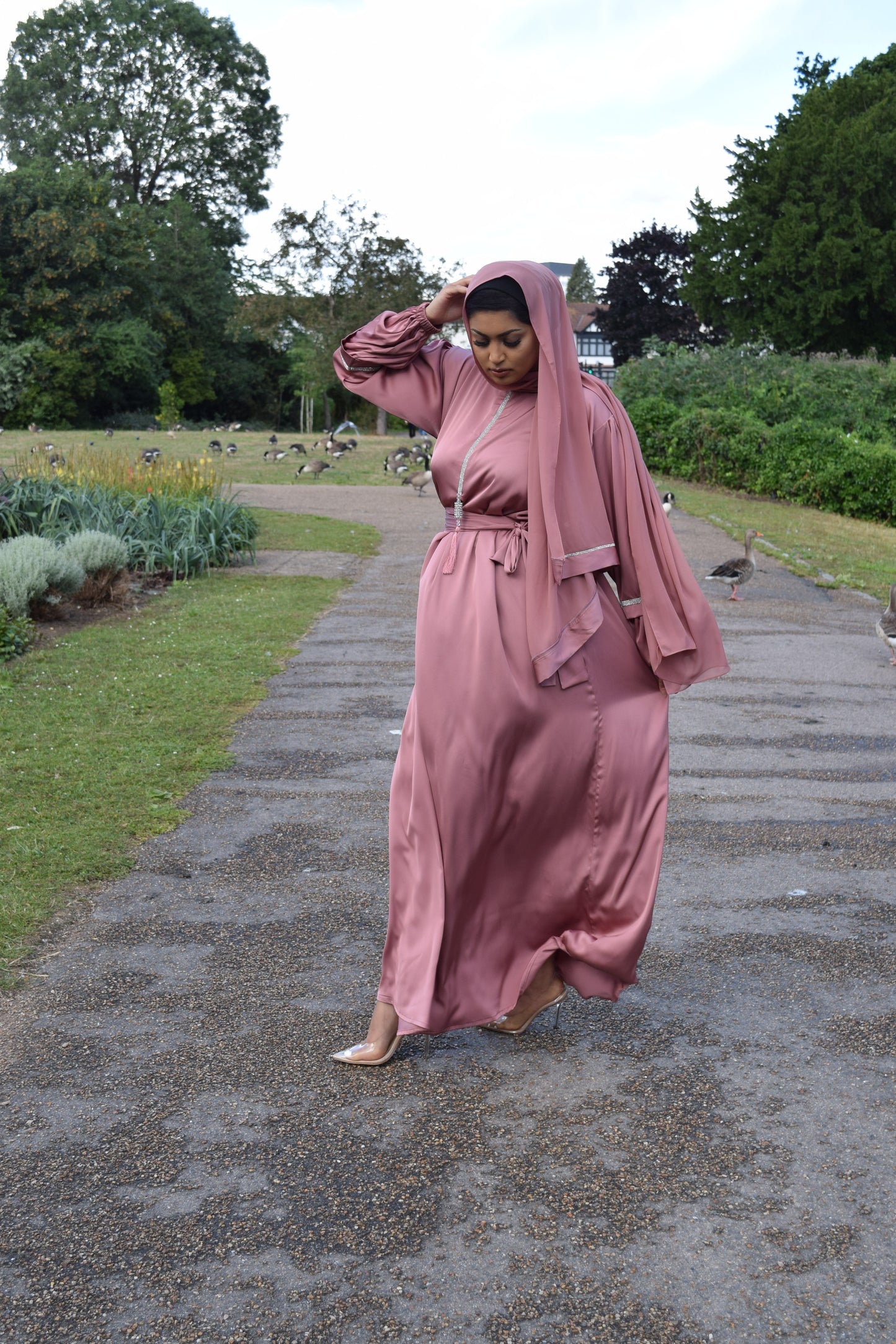 Shirin Satin Abaya with diamante and tassel embellishments Dusky Pink