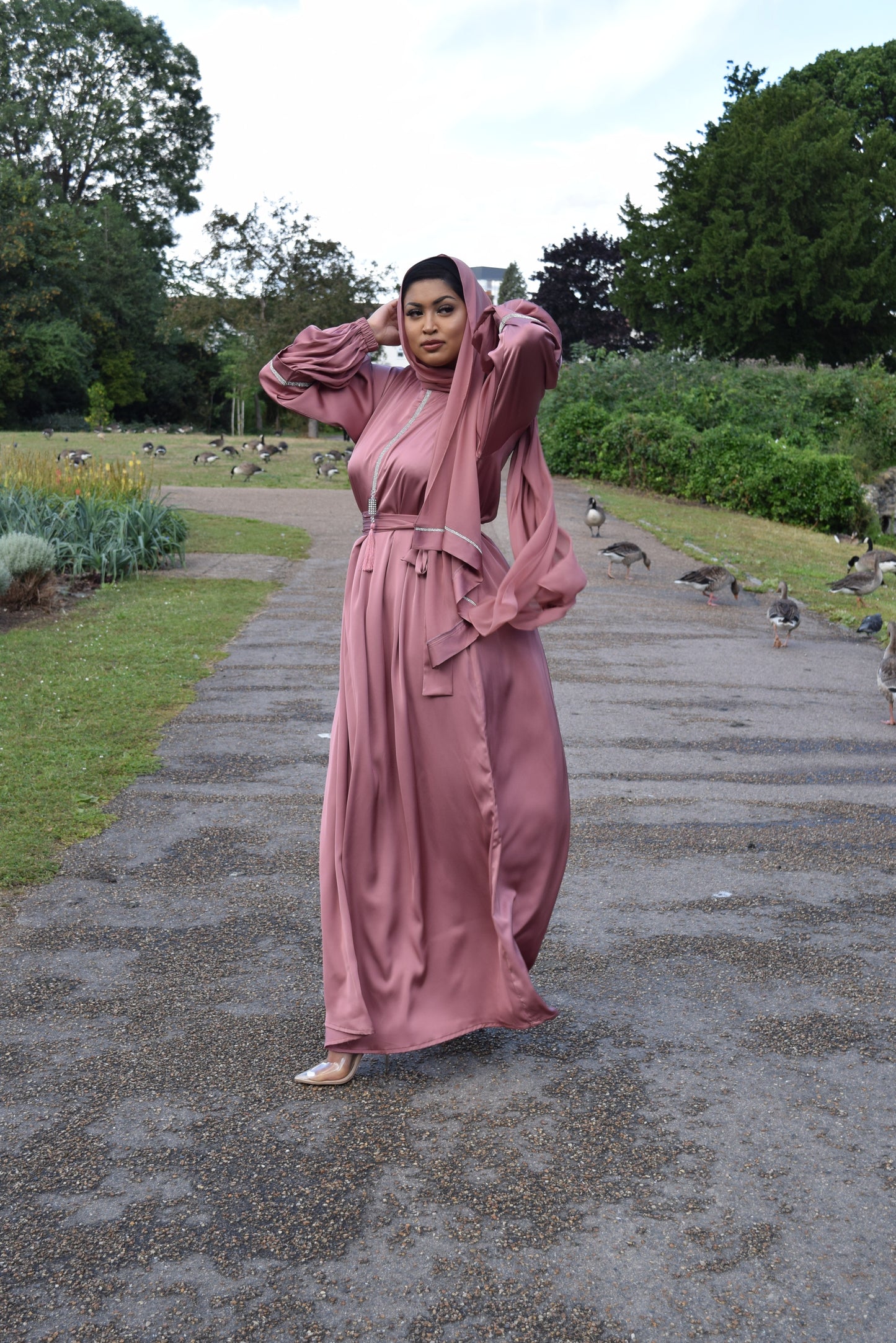 Shirin Satin Abaya with diamante and tassel embellishments Dusky Pink