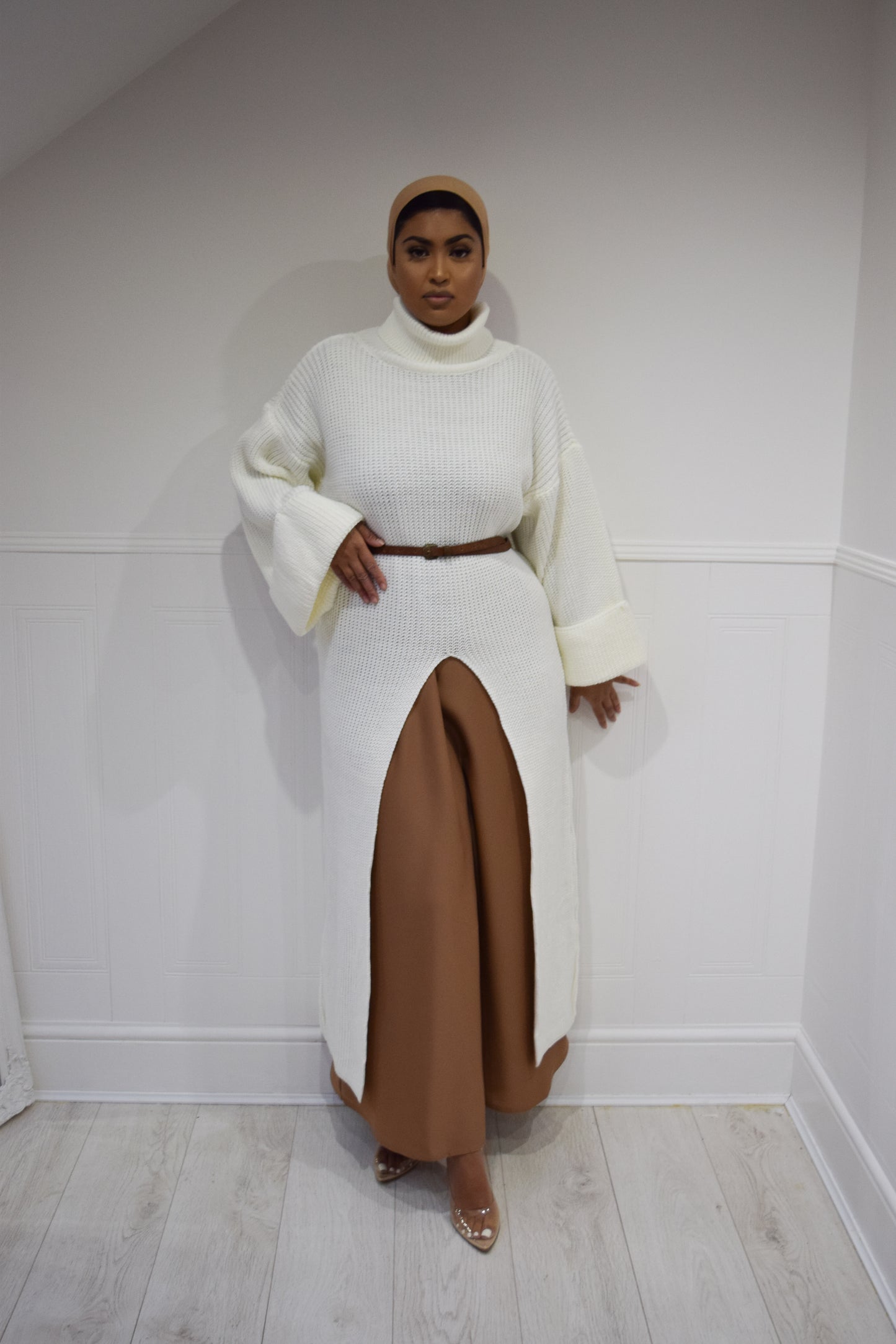 Turtle neck chunky Knitted Kimono sleeved slit dress Ecru White