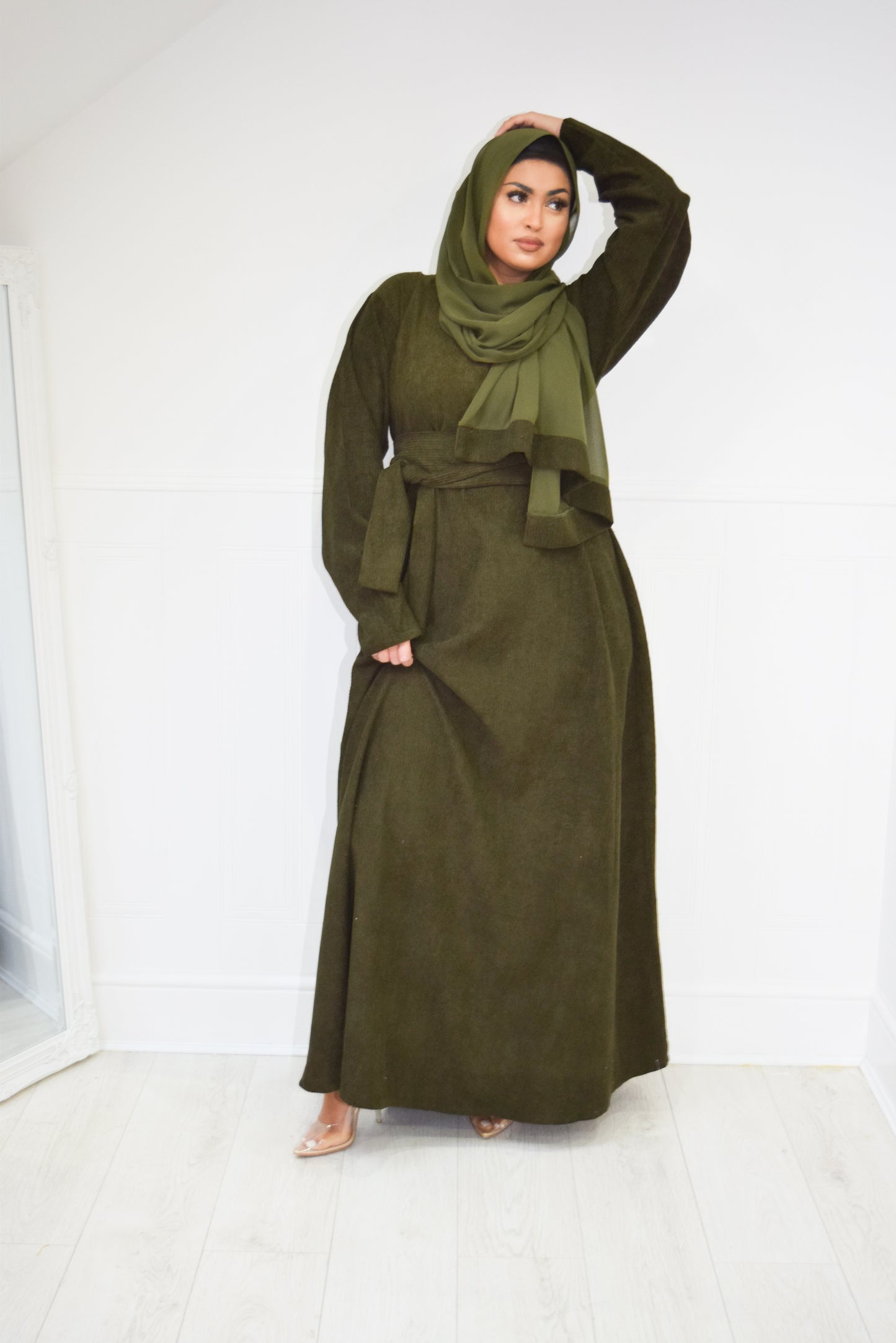 Winter Amal Aline Corduroy Abaya Khaki Green