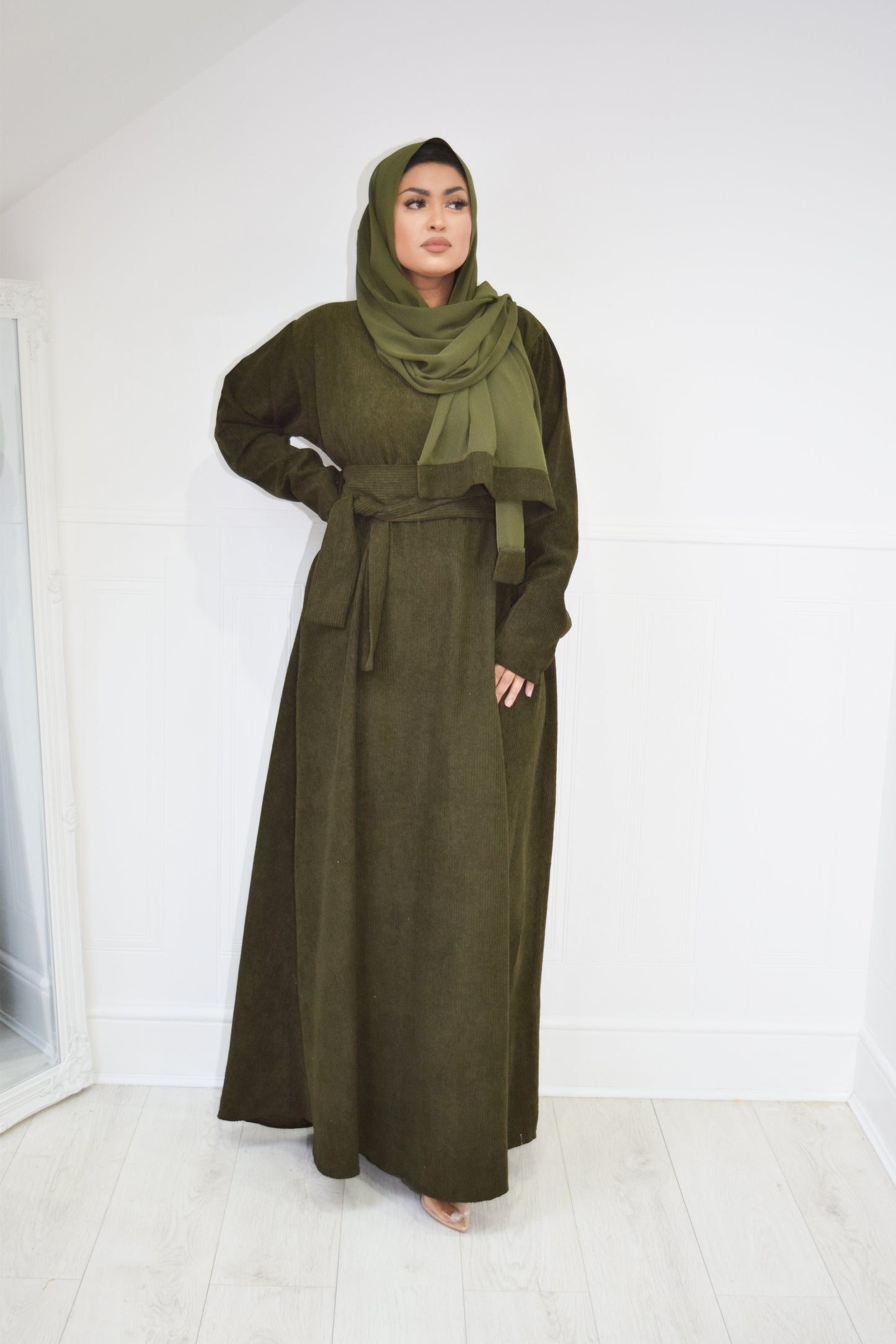 Winter Amal Aline Corduroy Abaya Khaki Green