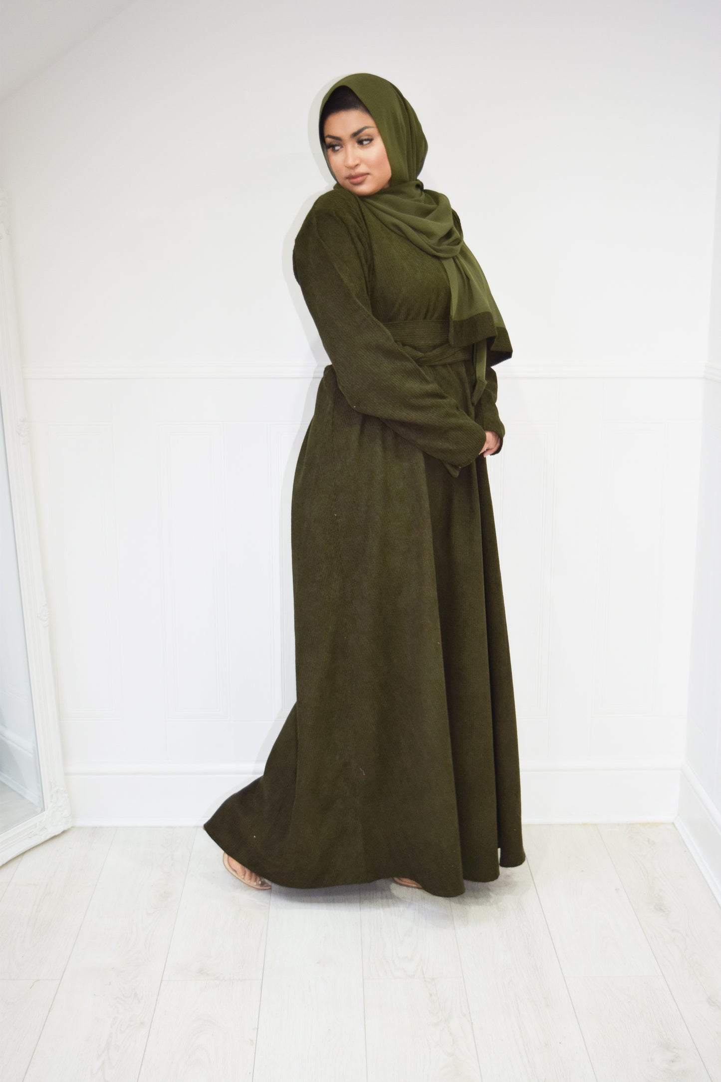 Winter Amal Aline Corduroy Abaya Khaki Green