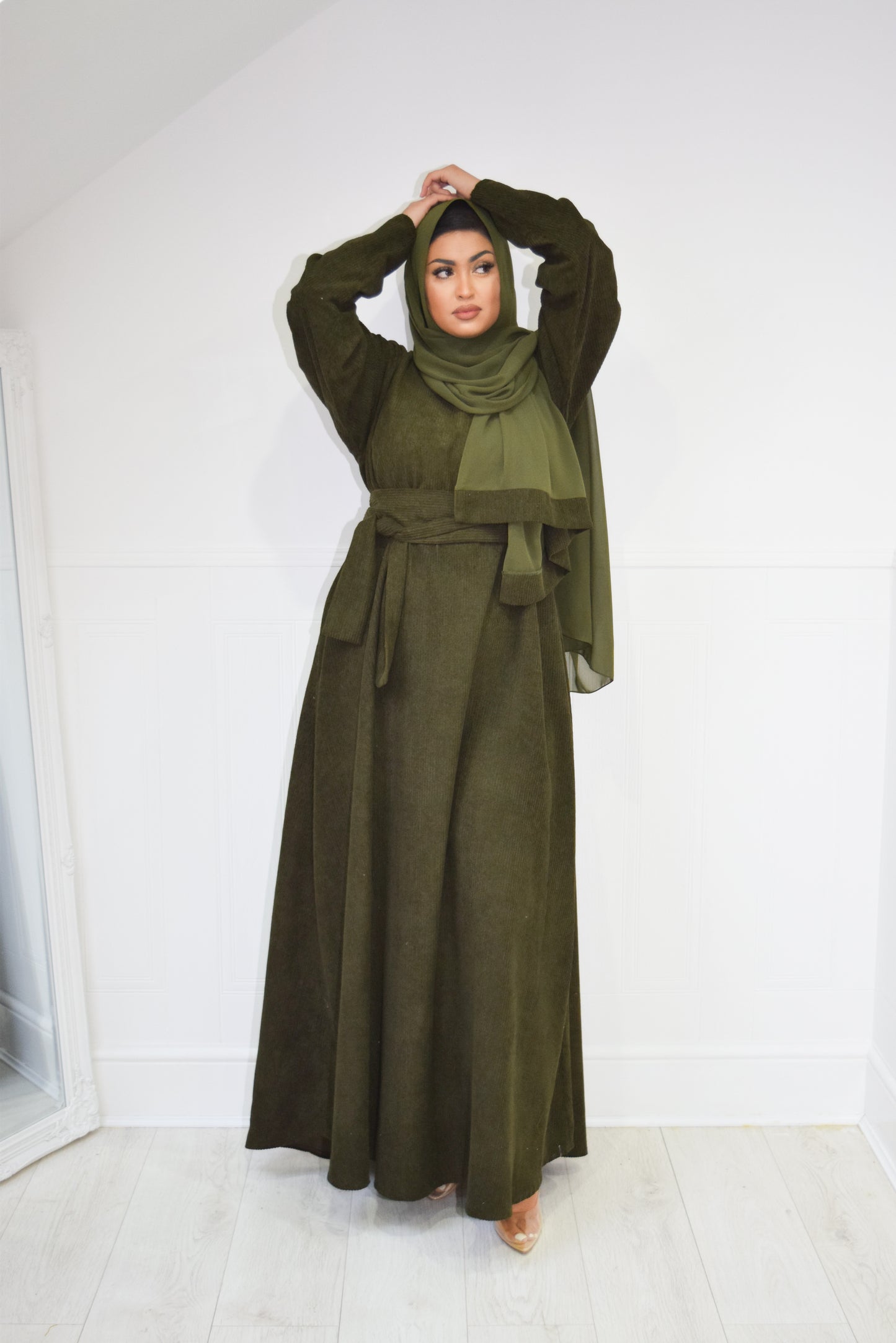 Winter Amal Aline Corduroy Abaya Khaki Green