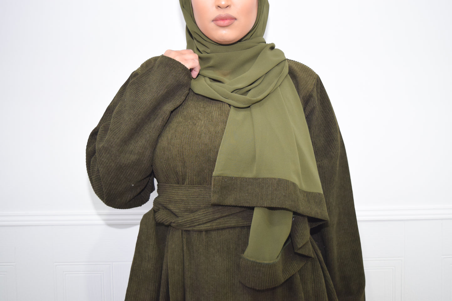 Winter Amal Aline Corduroy Abaya Khaki Green