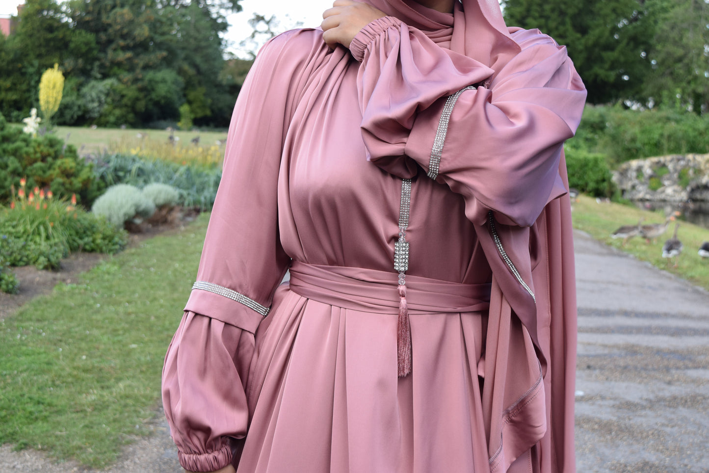 Shirin Satin Abaya with diamante and tassel embellishments Dusky Pink