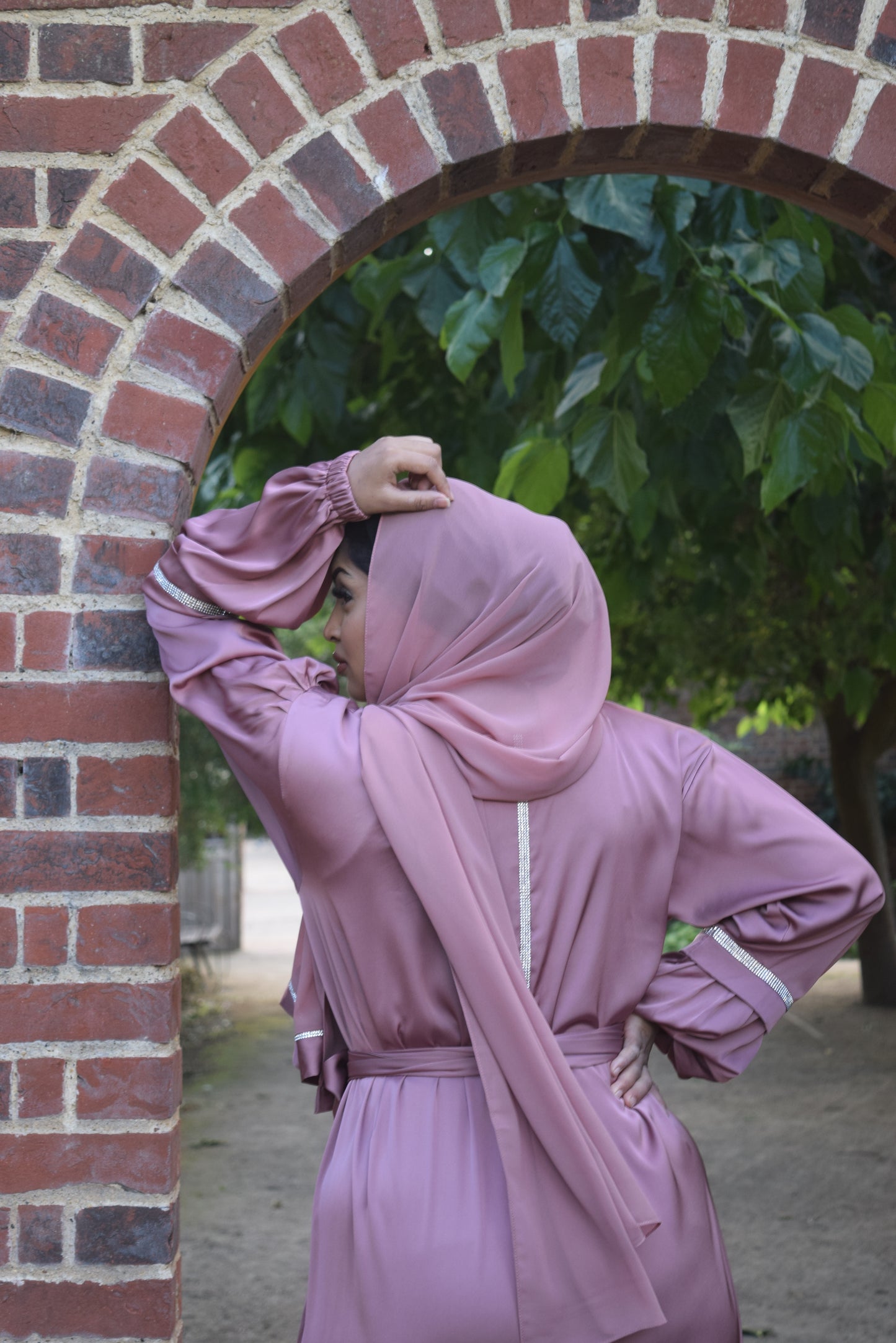 Shirin Satin Abaya with diamante and tassel embellishments Dusky Pink