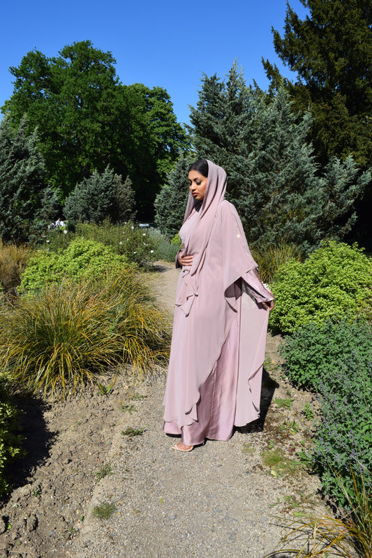 Maryam Double layered Satin chiffon Farasha Abaya Dusky Pink