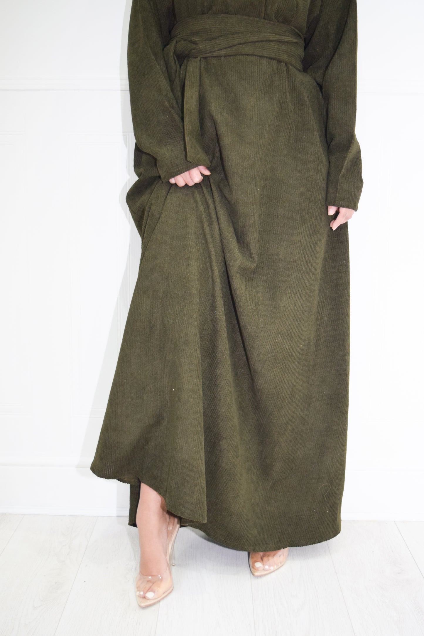 Winter Amal Aline Corduroy Abaya Khaki Green