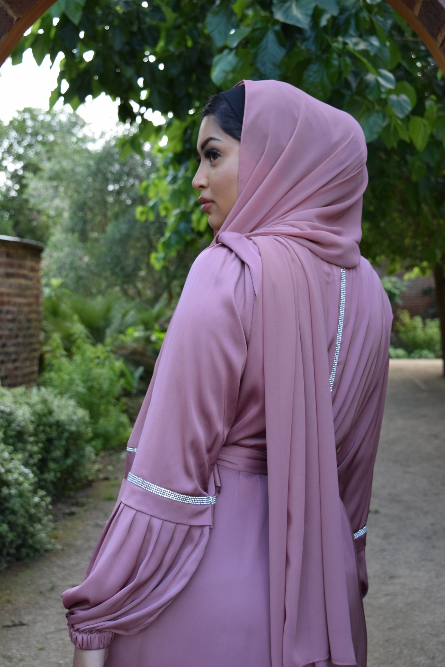 Shirin Satin Abaya with diamante and tassel embellishments Dusky Pink